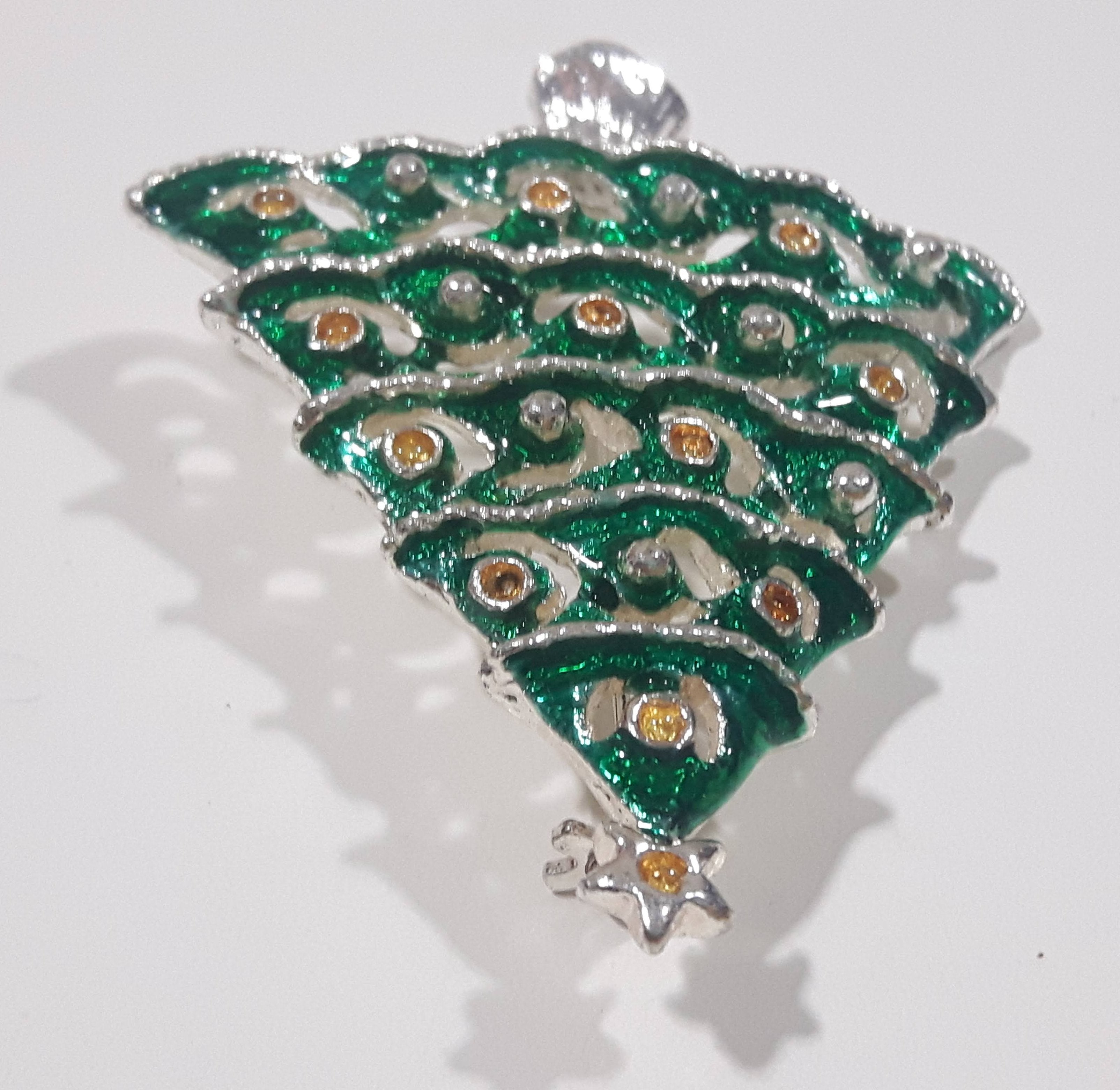 Christmas Tree Yellow Rhinestone Lights Metal Brooch Pin 2 1/8" Tall 3