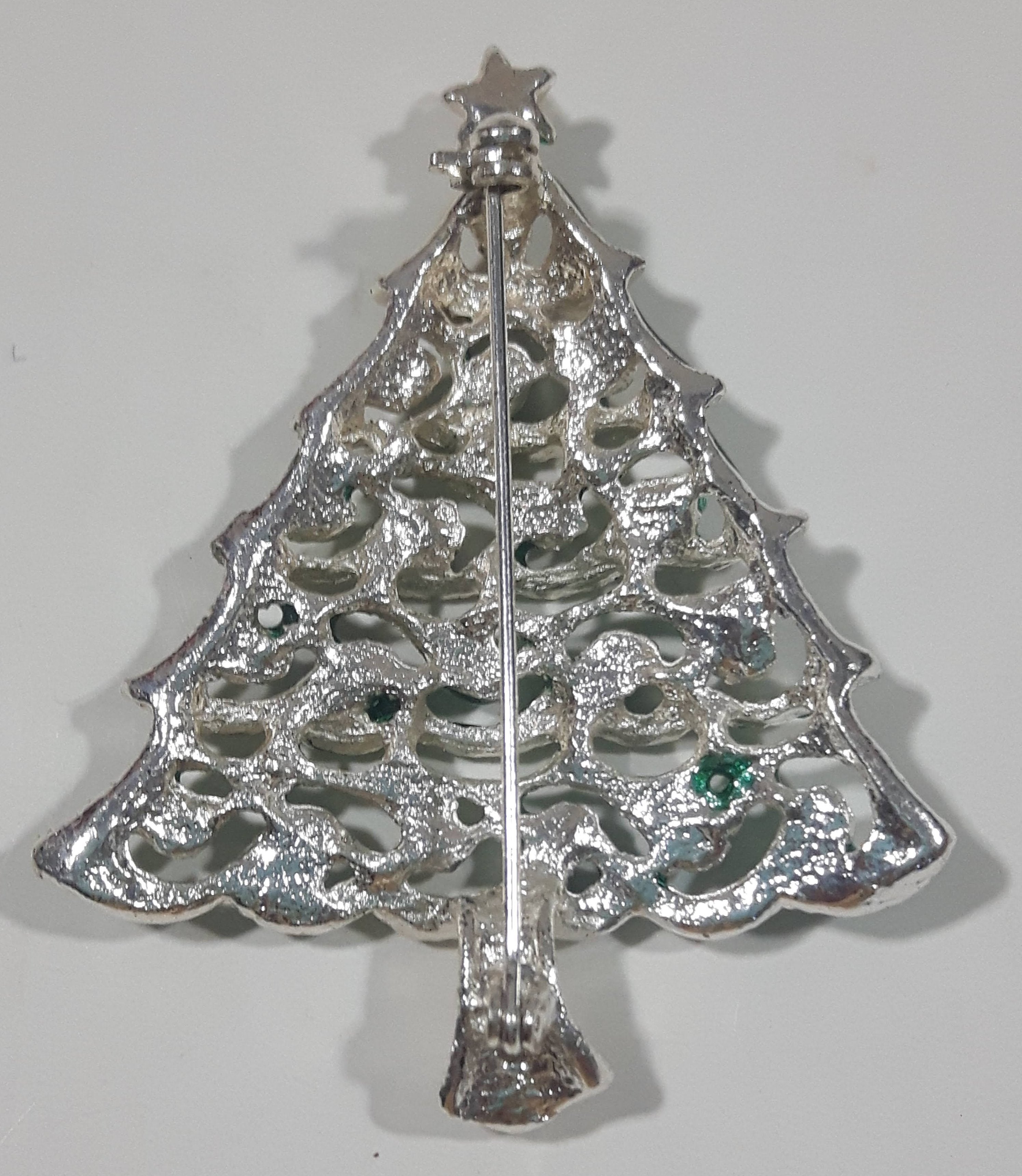 Christmas Tree Yellow Rhinestone Lights Metal Brooch Pin 2 1/8" Tall 4