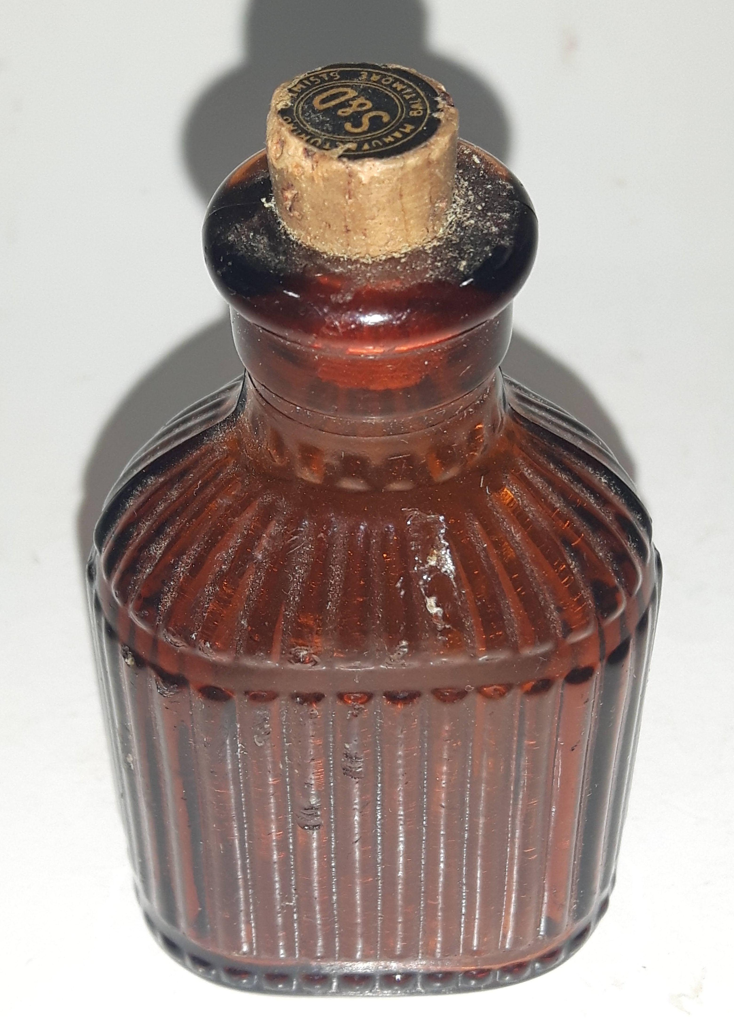 Antique S&D Medicine Drugs Miniature 3 1/4" Tall Amber Brown Glass Bottle with Cork Lid 13