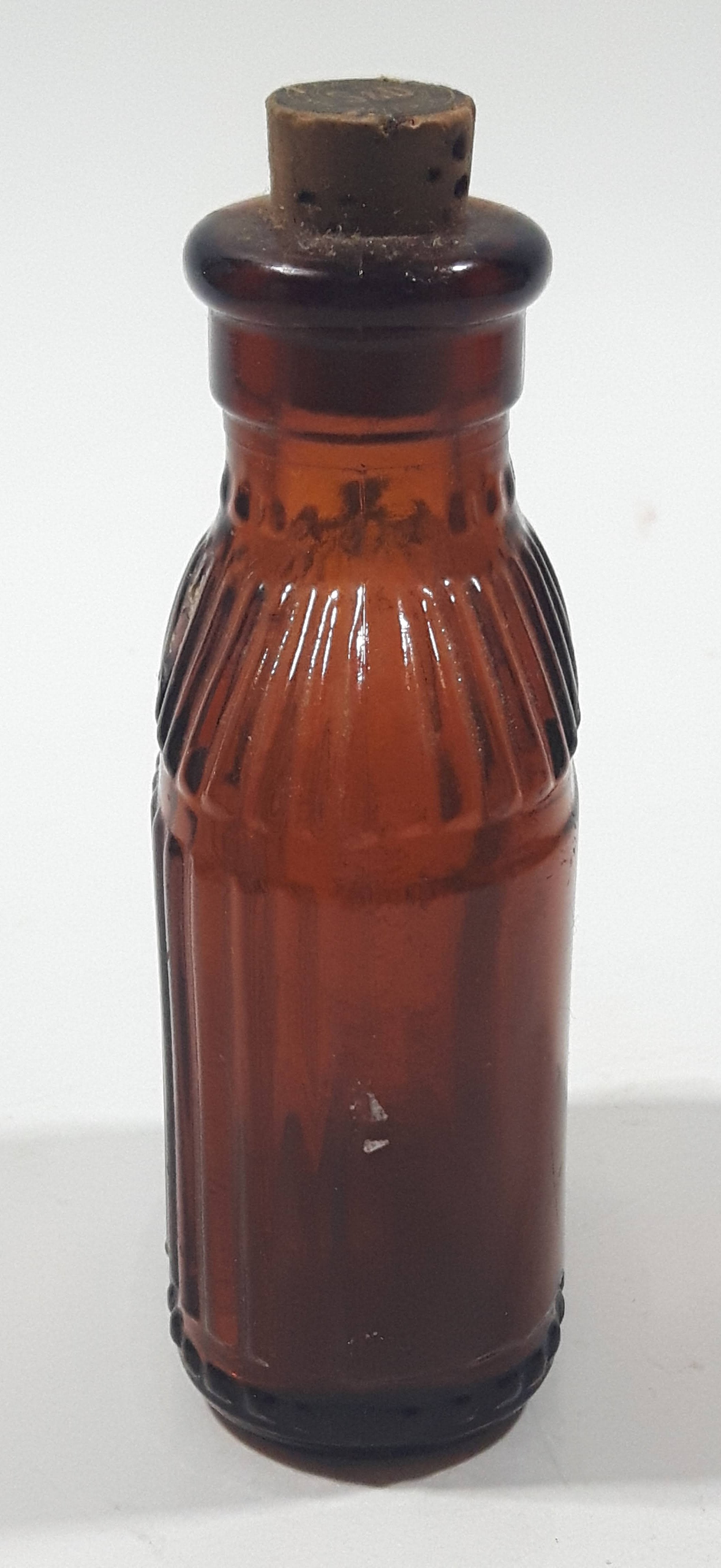 Antique S&D Medicine Drugs Miniature 3 1/4" Tall Amber Brown Glass Bottle with Cork Lid 4