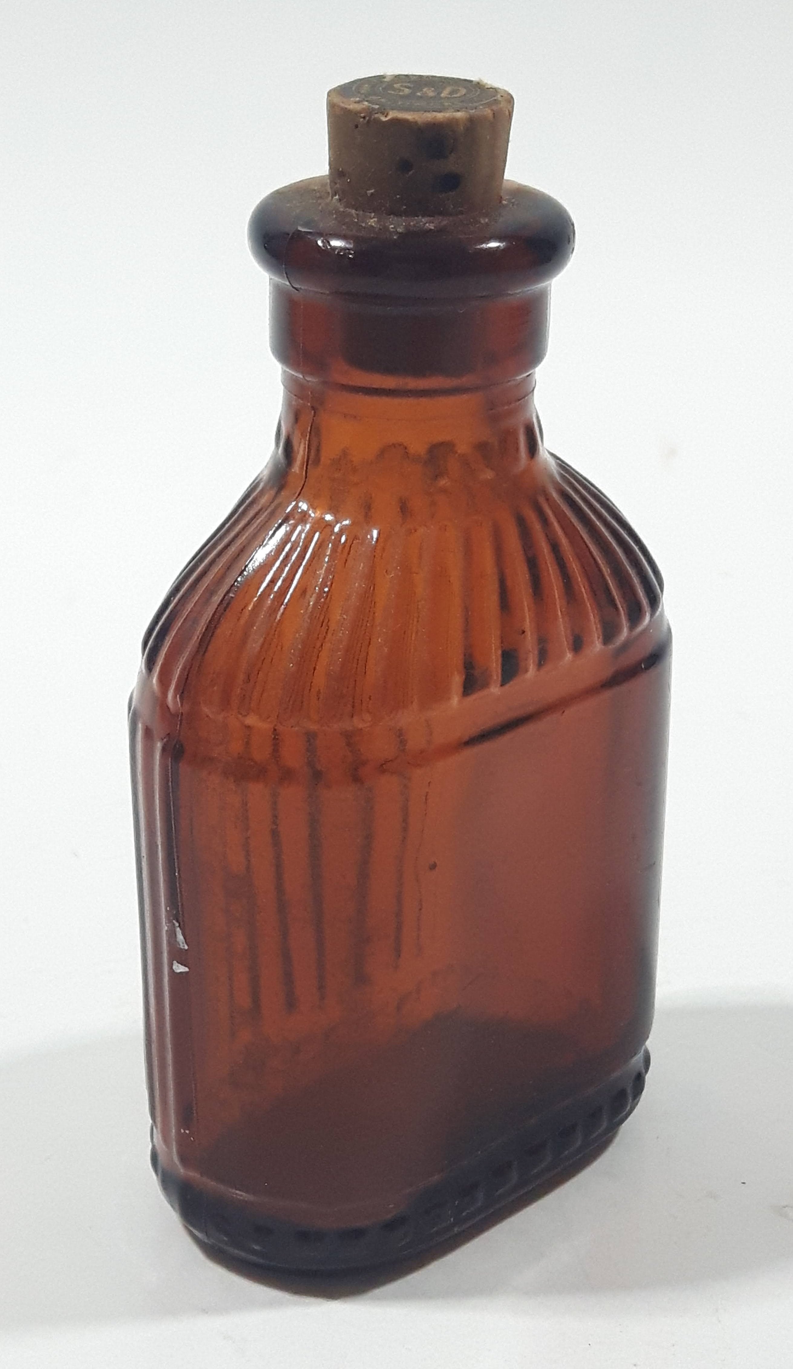 Antique S&D Medicine Drugs Miniature 3 1/4" Tall Amber Brown Glass Bottle with Cork Lid 5