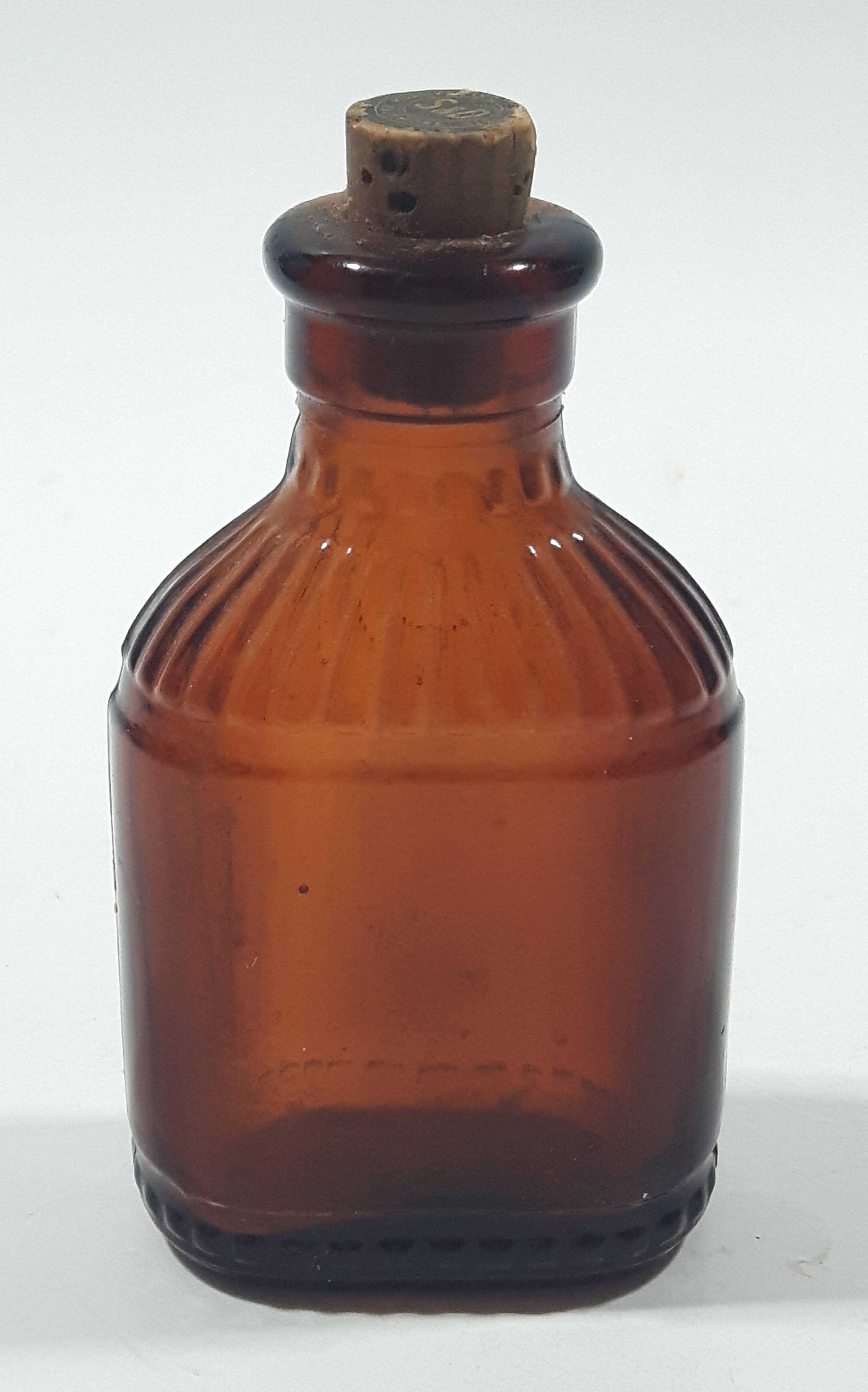 Antique S&D Medicine Drugs Miniature 3 1/4" Tall Amber Brown Glass Bottle with Cork Lid 6