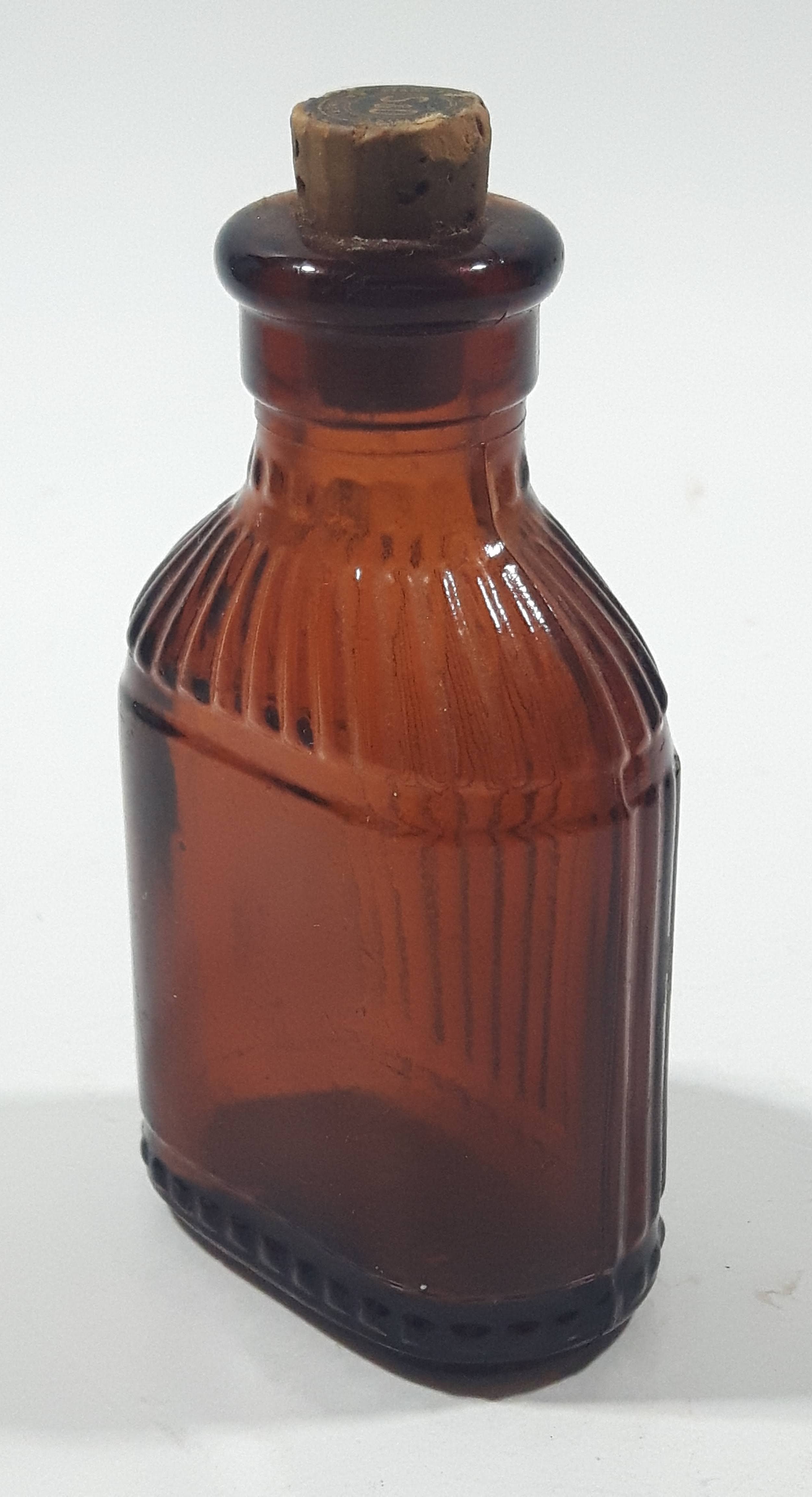 Antique S&D Medicine Drugs Miniature 3 1/4" Tall Amber Brown Glass Bottle with Cork Lid 7
