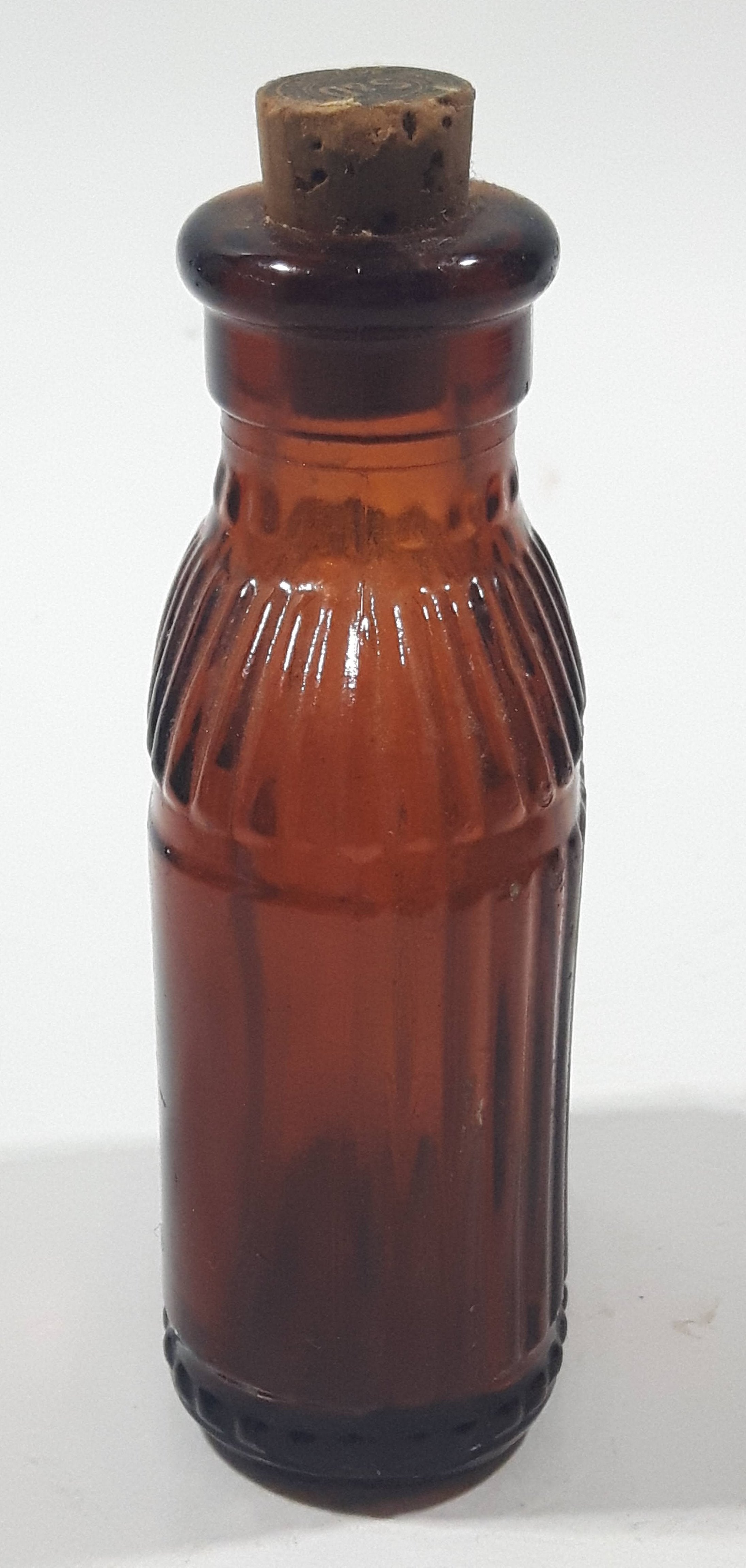 Antique S&D Medicine Drugs Miniature 3 1/4" Tall Amber Brown Glass Bottle with Cork Lid 8