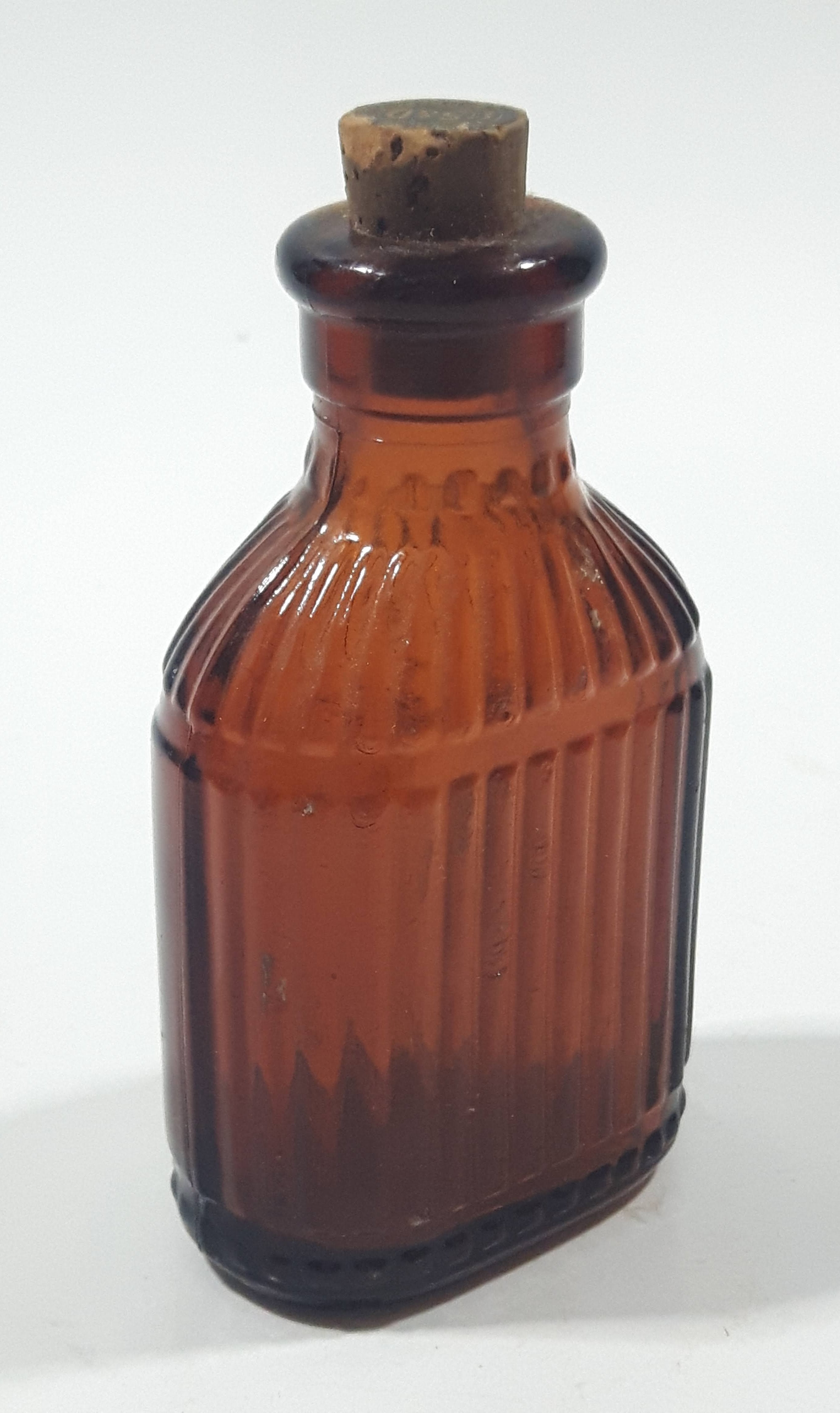 Antique S&D Medicine Drugs Miniature 3 1/4" Tall Amber Brown Glass Bottle with Cork Lid 9
