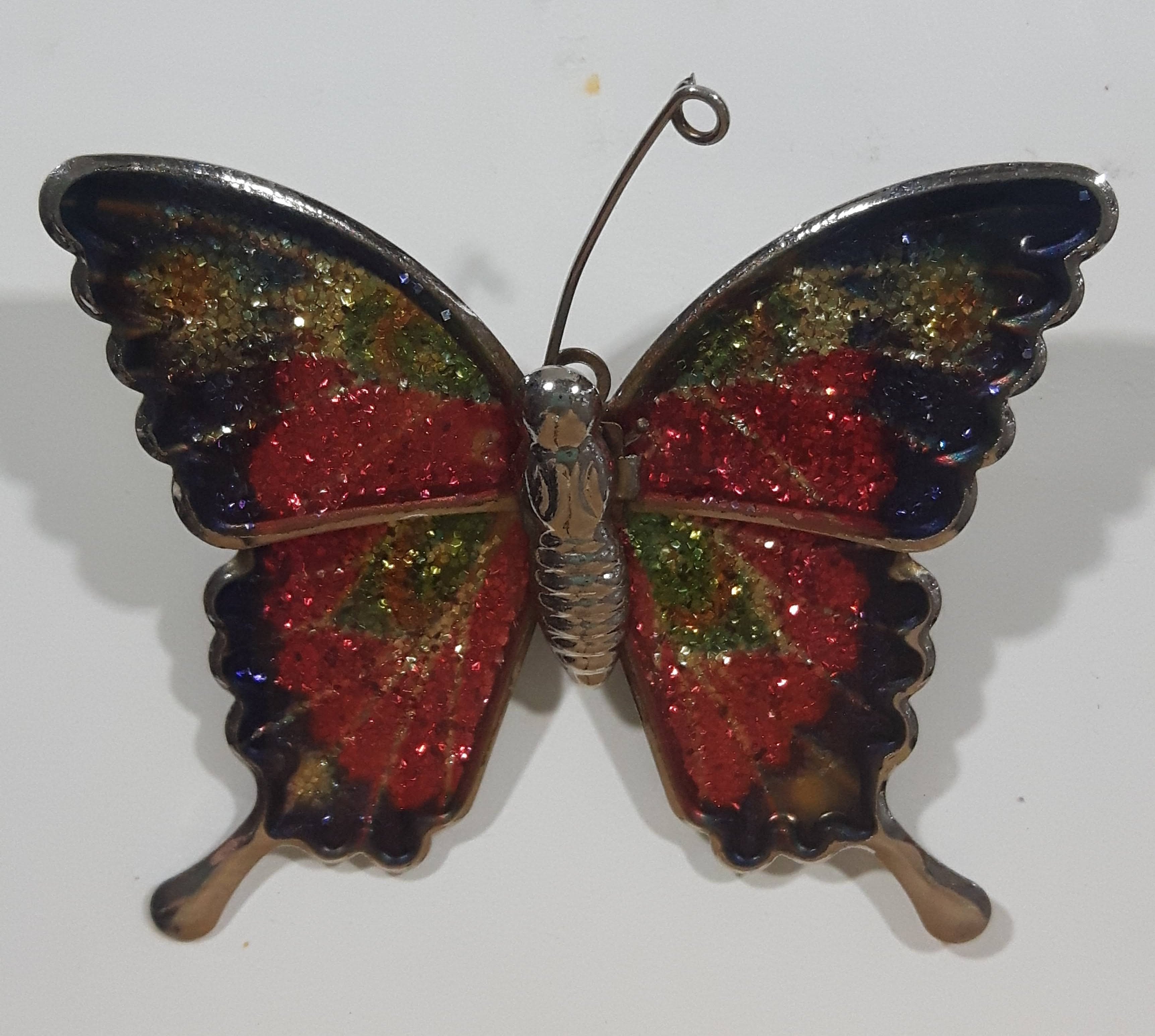 Butterfly Red and Yellow Glitter Metal Brooch Pin Missing an Antenna
