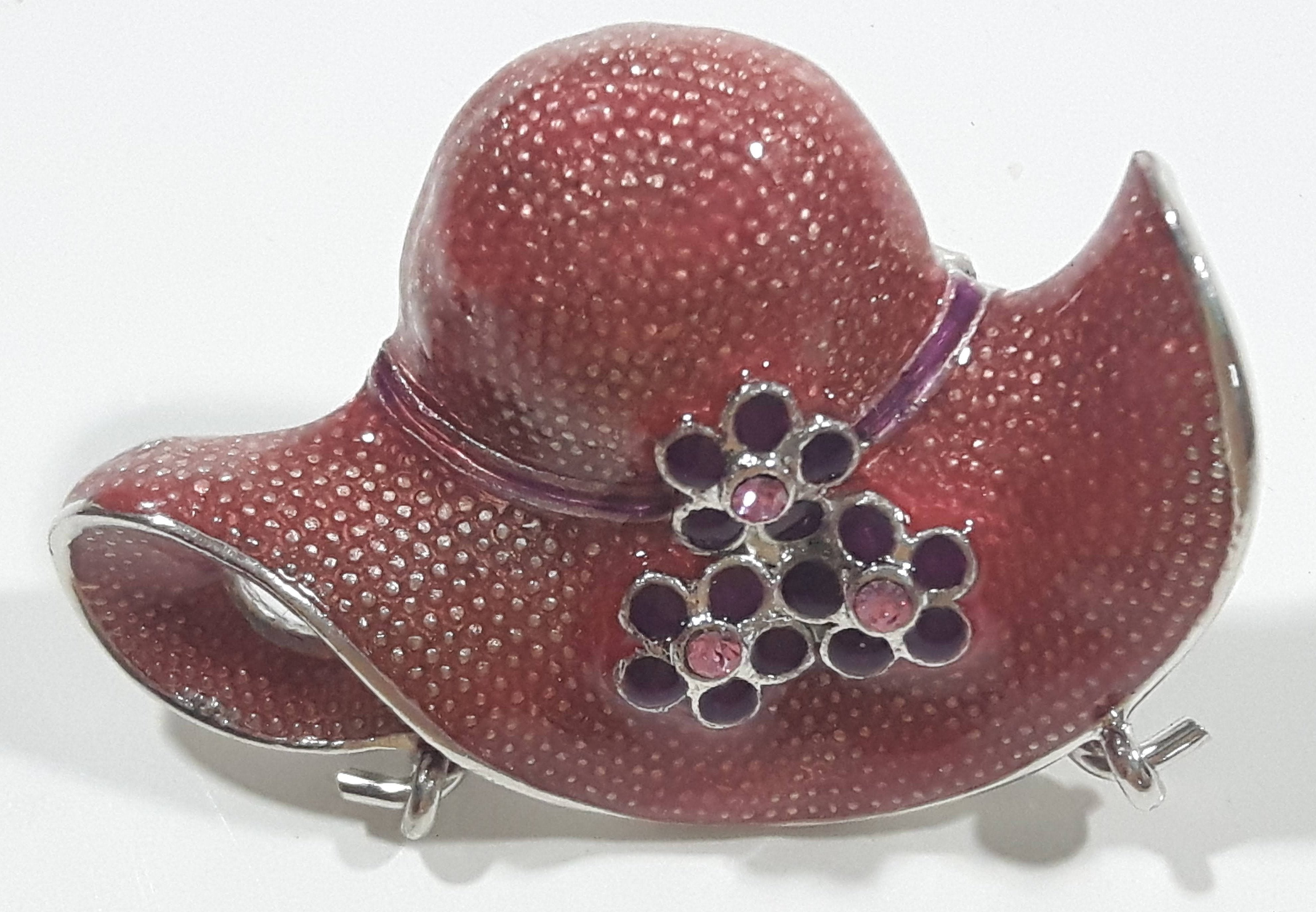 Dark Pink and Pink Rhinestone Pink Victorian Style Hat Metal Brooch Pin 5