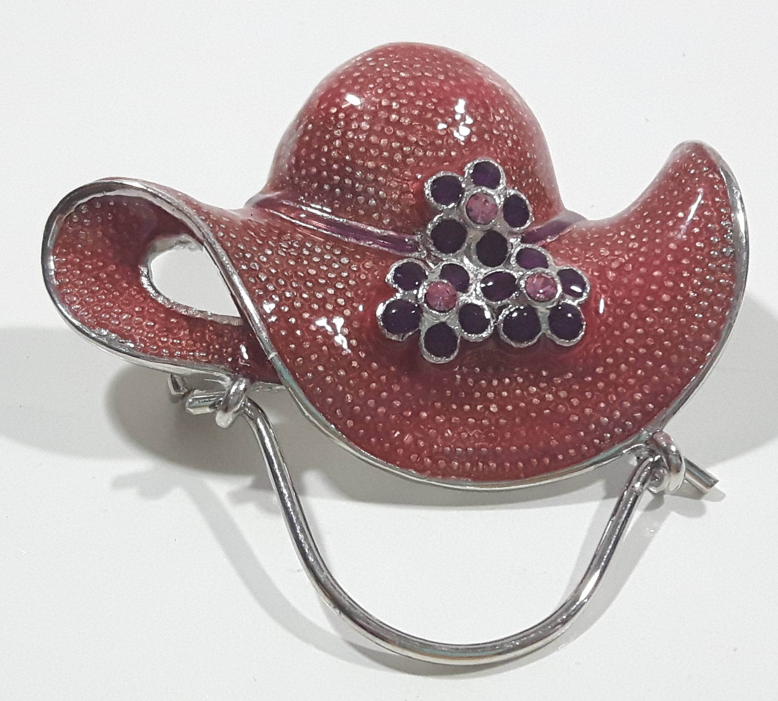 Dark Pink and Pink Rhinestone Pink Victorian Style Hat Metal Brooch Pin 2