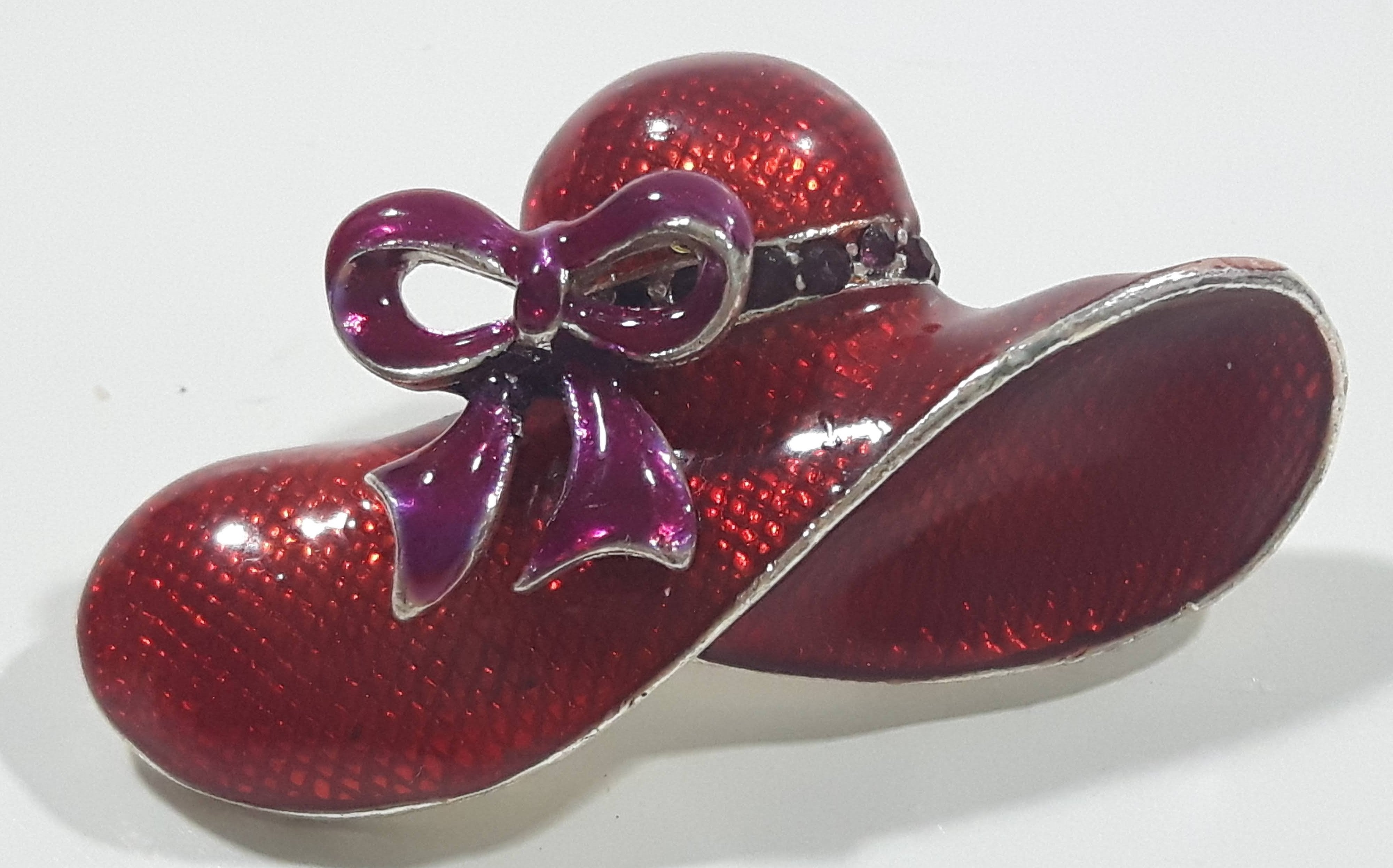 Dark Pink and Clear Sparkling Rhinestone Enamel Magenta Dark Pink Victorian Style Hat Metal Brooch Pin 2