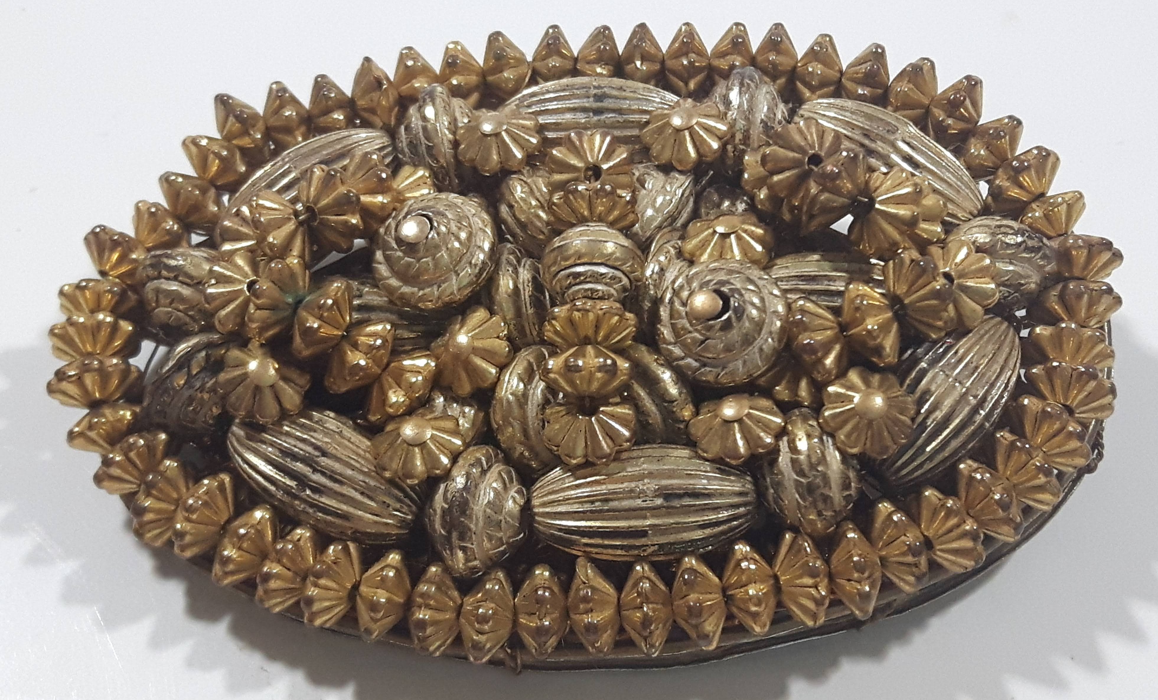 Vintage Oval Shaped Gold Tone and Brass Tone Bead Metal Brooch Pin 2