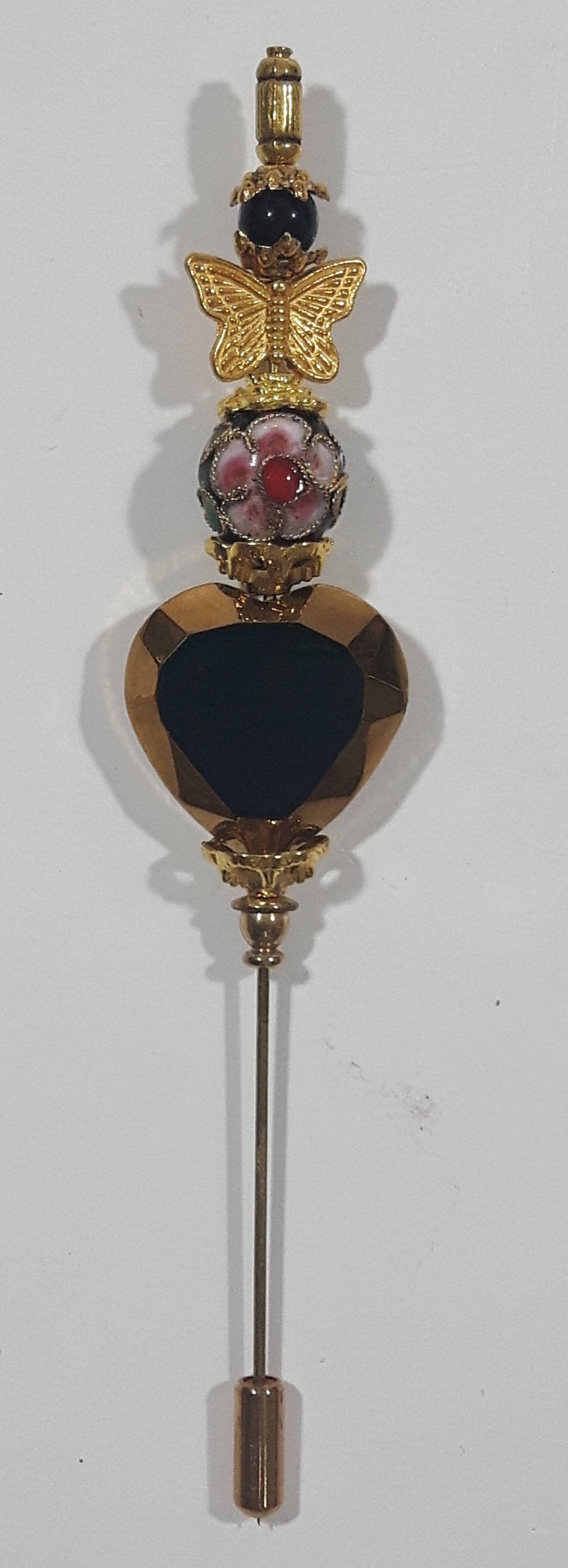 Vintage Butterfly Plastic Heart and Flower Themed Cloisonne Hat Golden Tone Metal Stick Pin 3