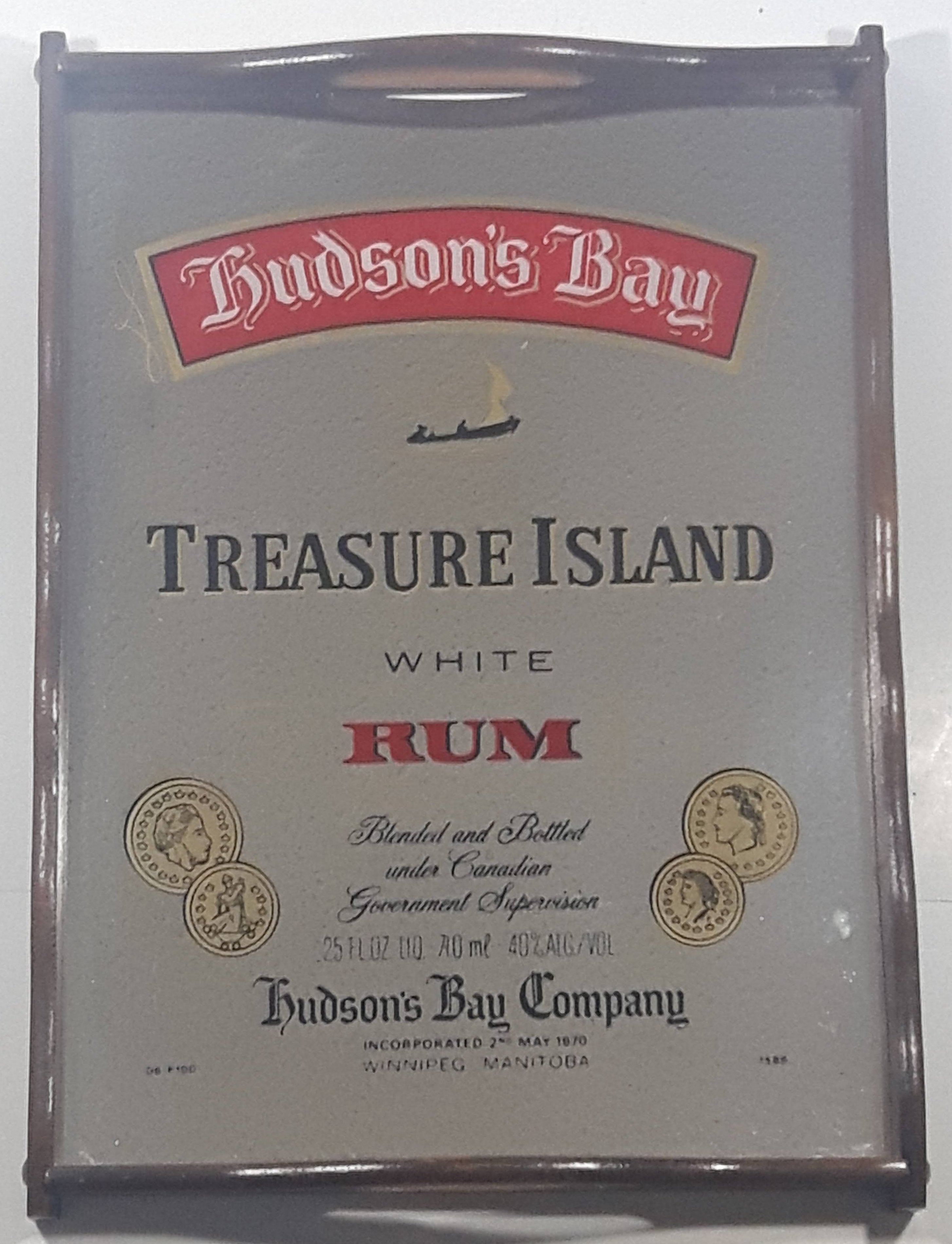 Vintage 1950s Hudson's Bay Treasure Island White Rum Mirror Advertising Pub Drink Beverage Wood Tray