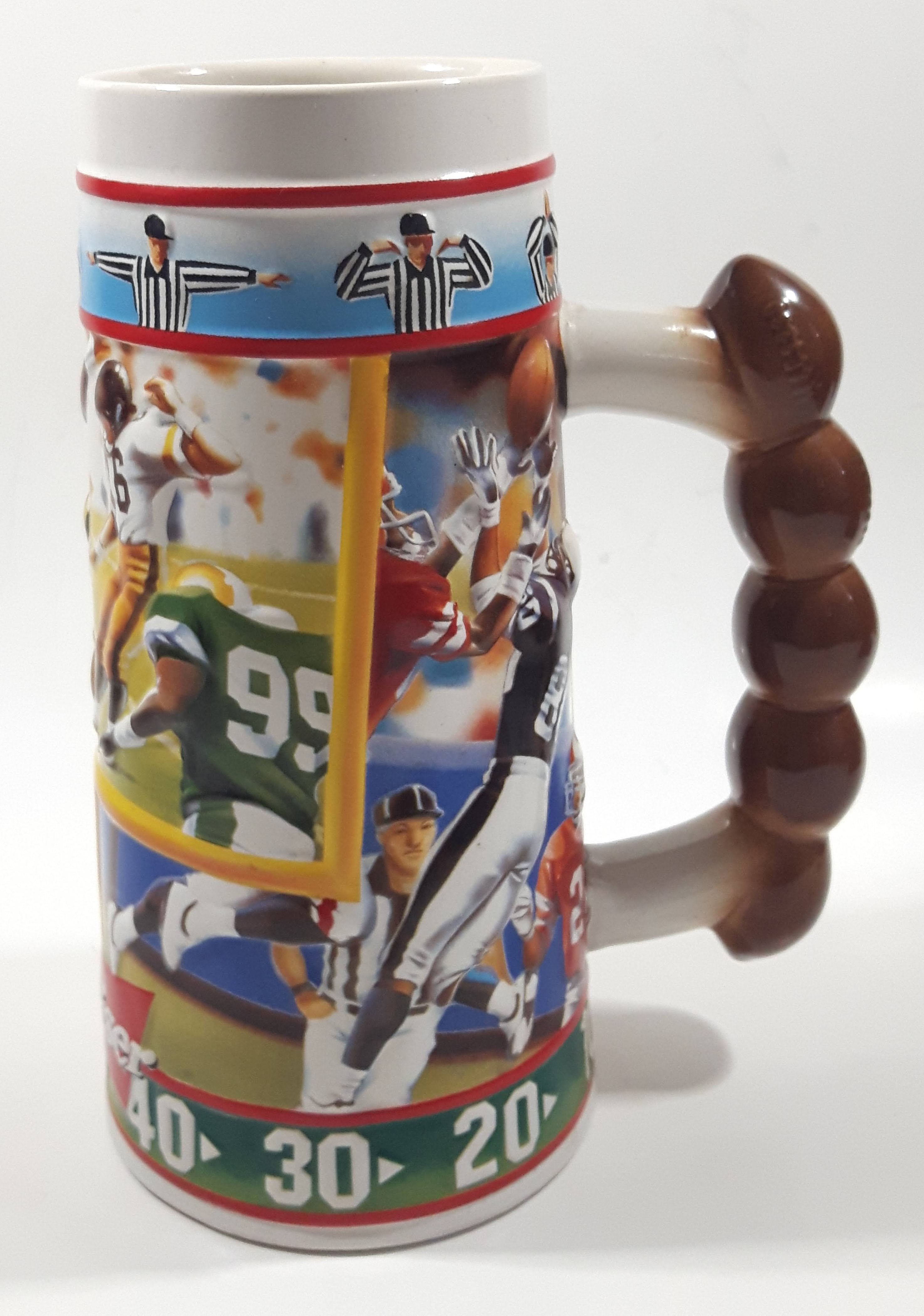 1997 Ceramarte Brazil Budweiser Sports Action Series Touchdown! 8" Tall Embossed Beer Stein Mug Cup with Football Handle