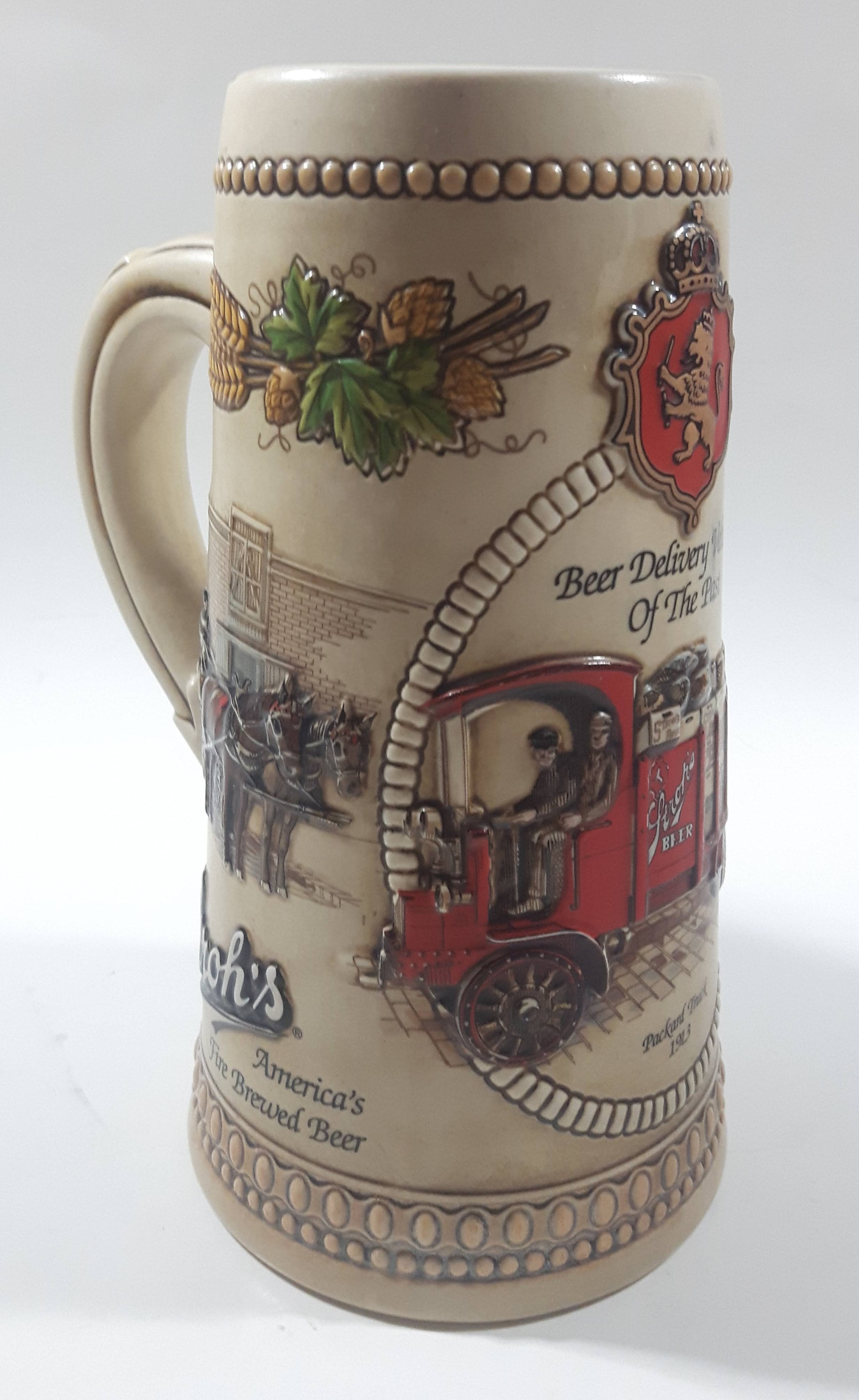 Ceramarte Stroh's Heritage Series V Beer Delivery Vehicles of The Past 1912 Packard Truck 7 1/2" Tall Ceramic Beer Stein Mug 9