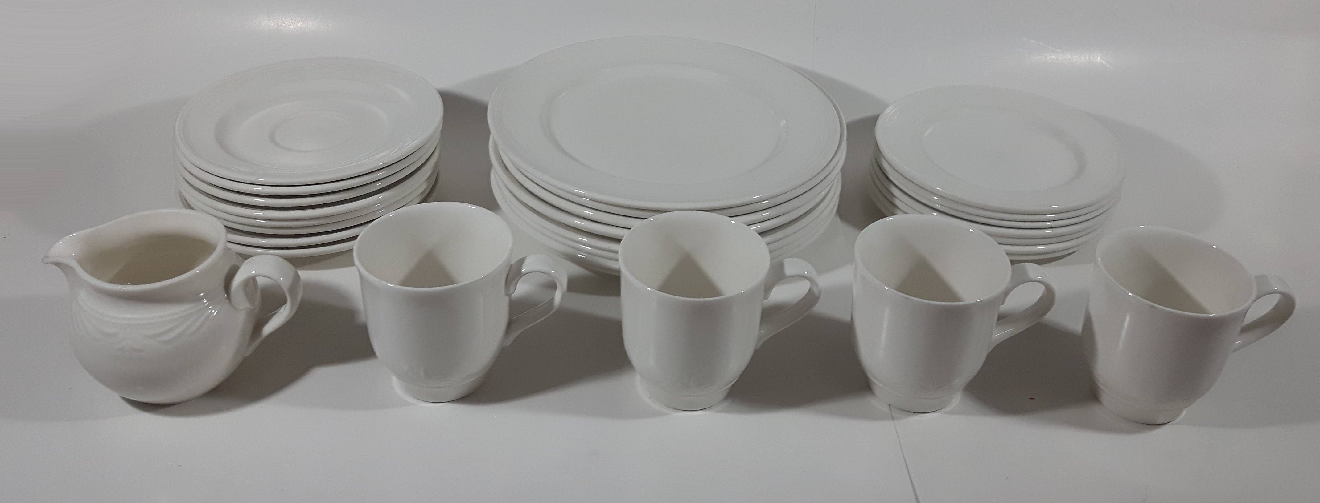 Vintage Royal Doulton Hotel Porcelain White Embossed China Dinner & Side Plates Saucers Tea Cups and Creamer Set of 28 Pieces Made In England