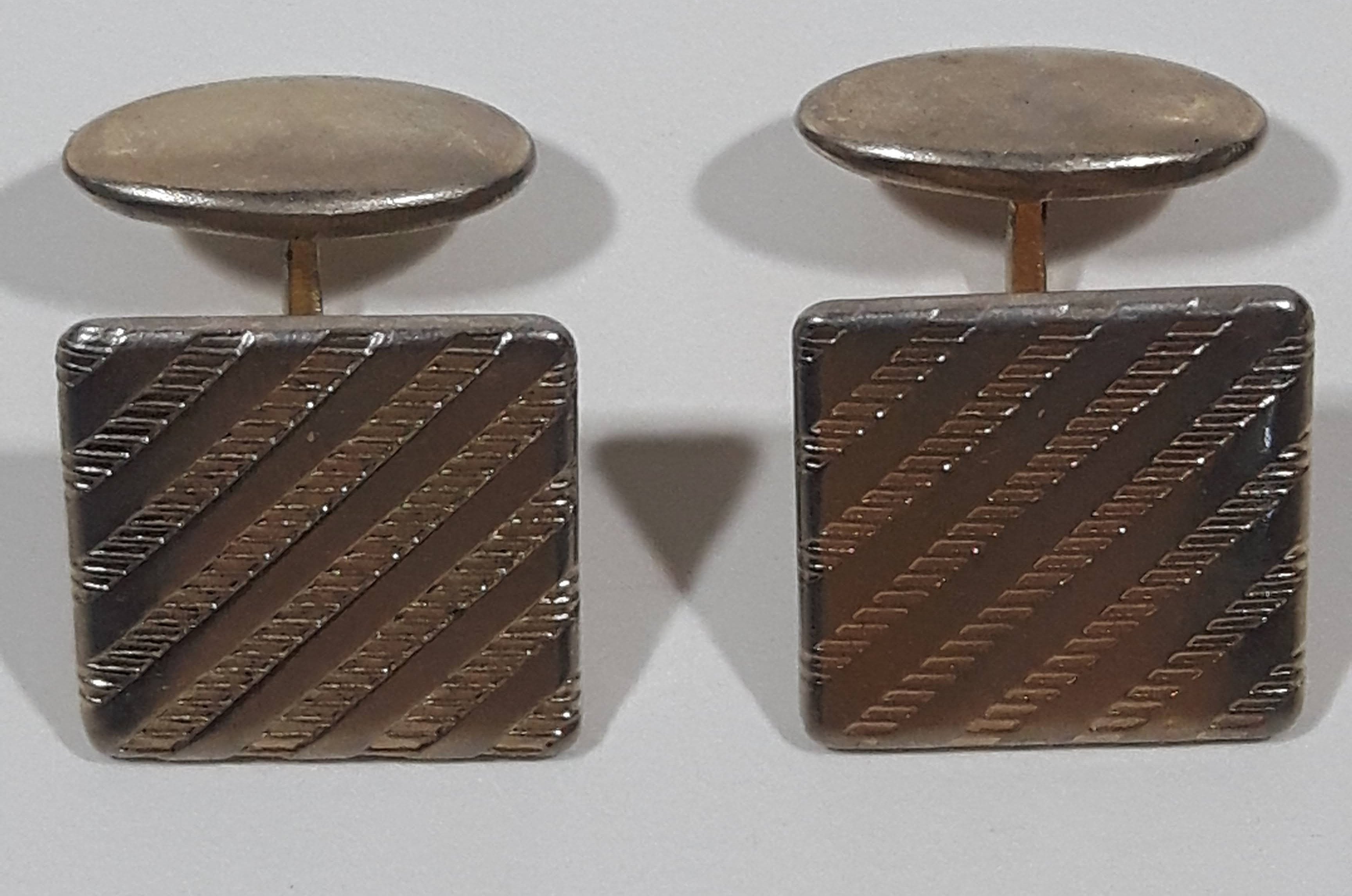 Vintage Dashed Diagonal Striped Pattern 1/2" x 1/2" Silver Tone Metal Cuff Links 4