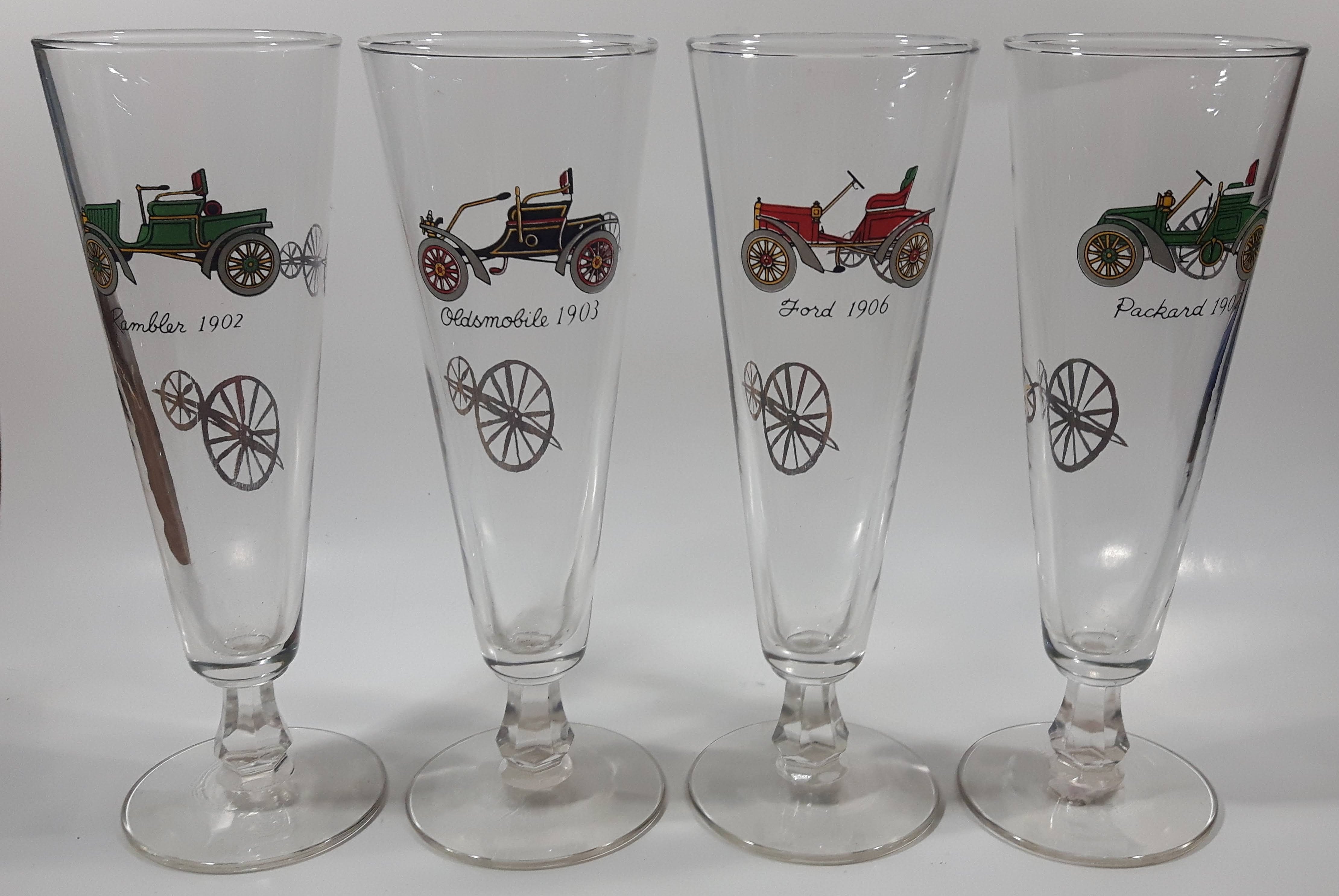Set of 4 Vintage 1950s Libbey Pilsner Glasses with Colored Antique Car Designs