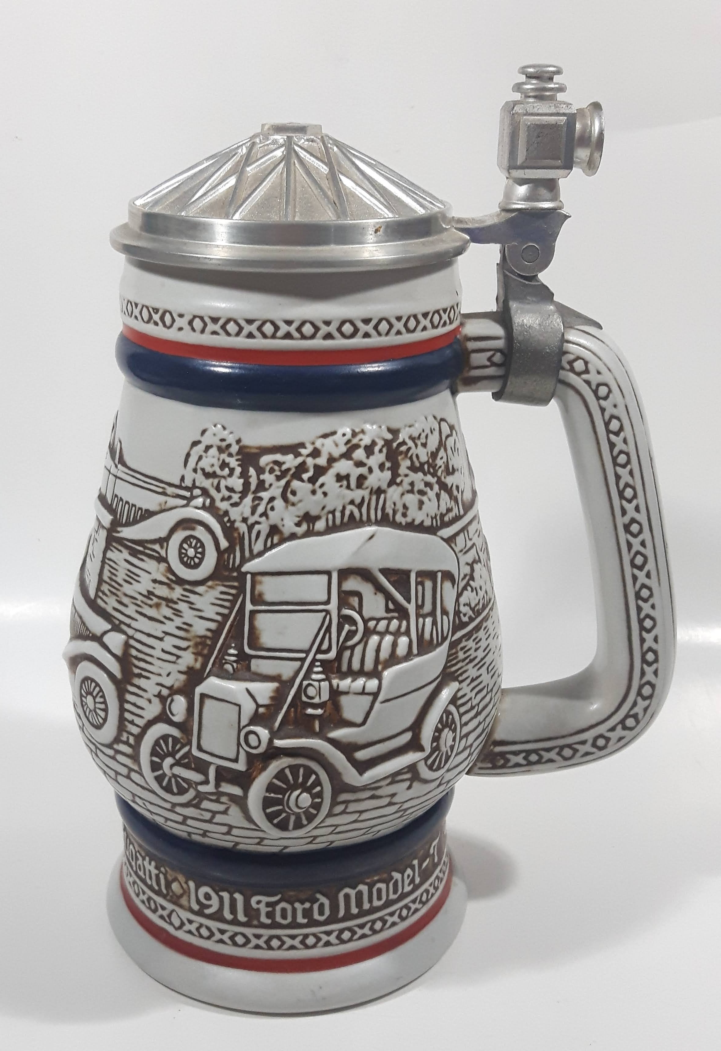 Avon Ceramarte Brazil Antique Early Car History 1911 Ford Model T, 1910 Stanley Steamer, 1936 MG, 1927 Bugatti 8 1/2" Tall Ceramic Collector's Stein 13