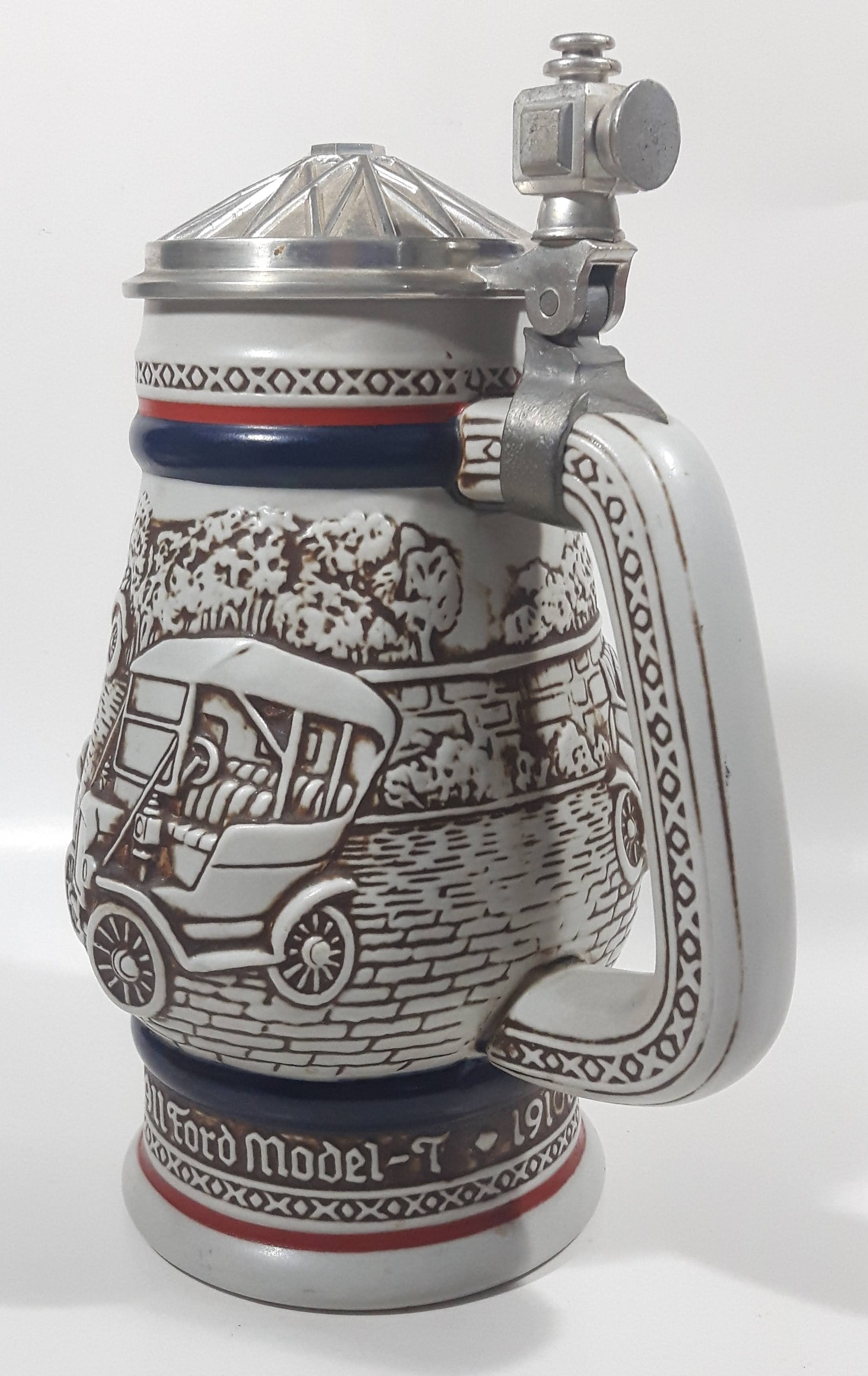 Avon Ceramarte Brazil Antique Early Car History 1911 Ford Model T, 1910 Stanley Steamer, 1936 MG, 1927 Bugatti 8 1/2" Tall Ceramic Collector's Stein 2