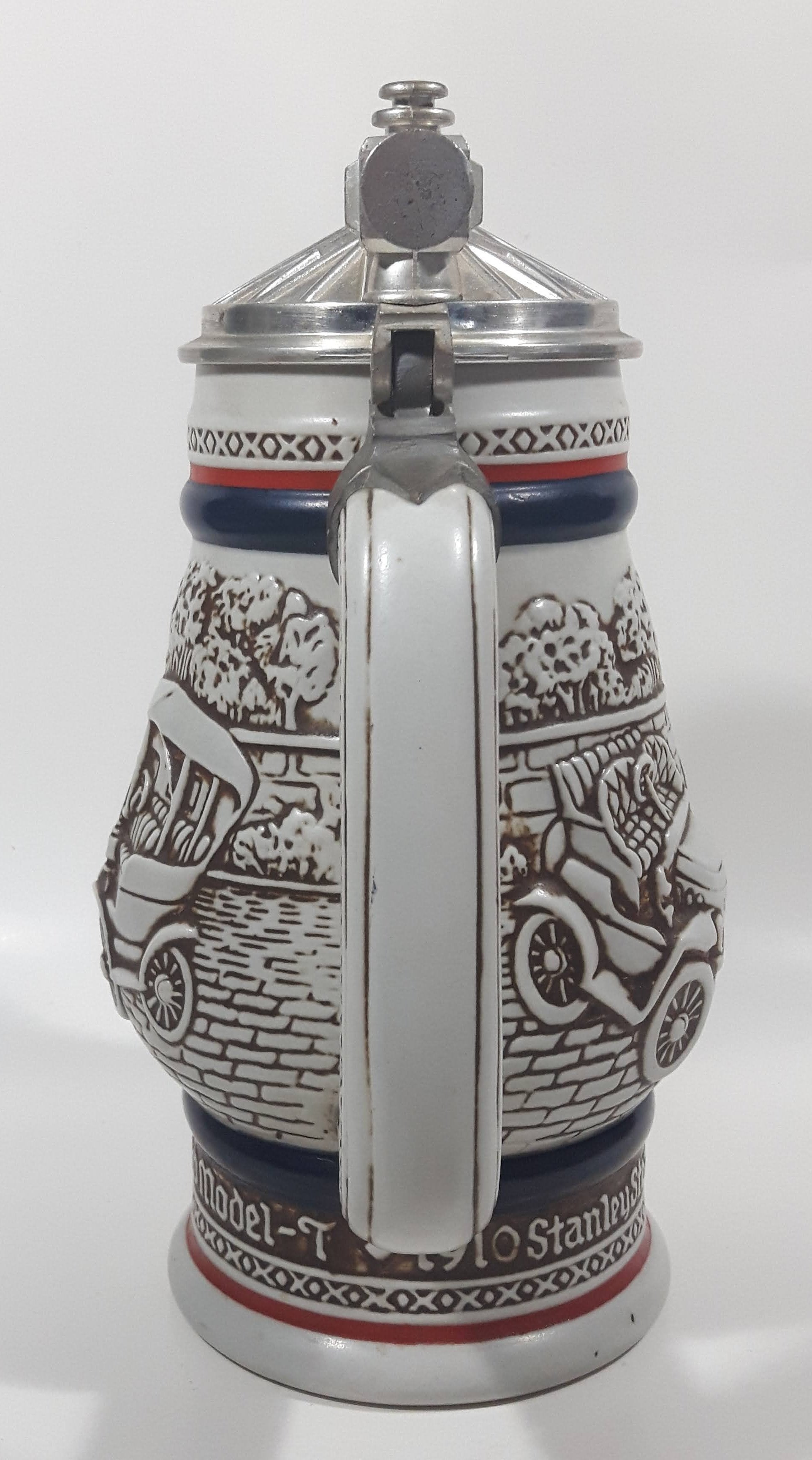 Avon Ceramarte Brazil Antique Early Car History 1911 Ford Model T, 1910 Stanley Steamer, 1936 MG, 1927 Bugatti 8 1/2" Tall Ceramic Collector's Stein 3