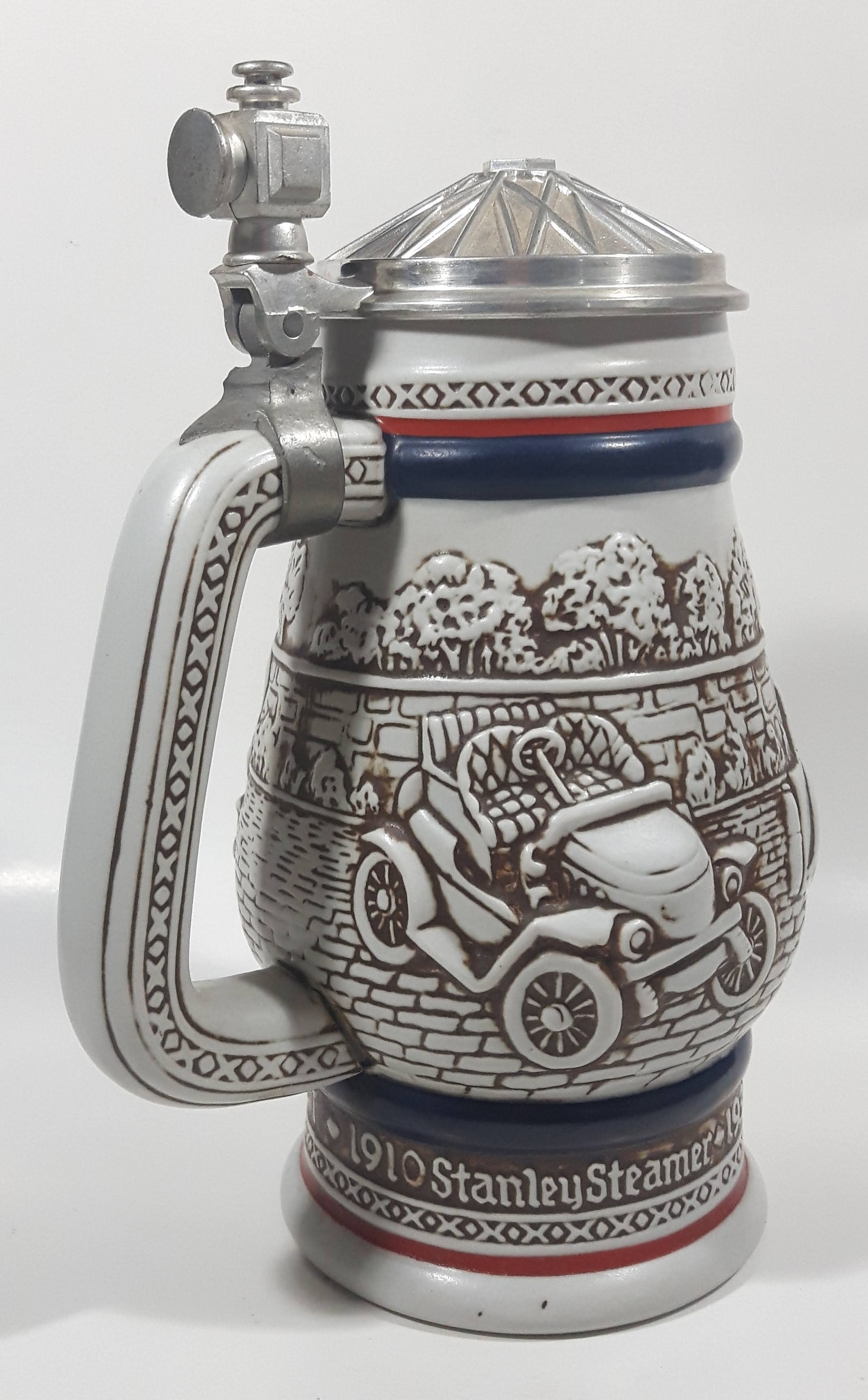 Avon Ceramarte Brazil Antique Early Car History 1911 Ford Model T, 1910 Stanley Steamer, 1936 MG, 1927 Bugatti 8 1/2" Tall Ceramic Collector's Stein 4