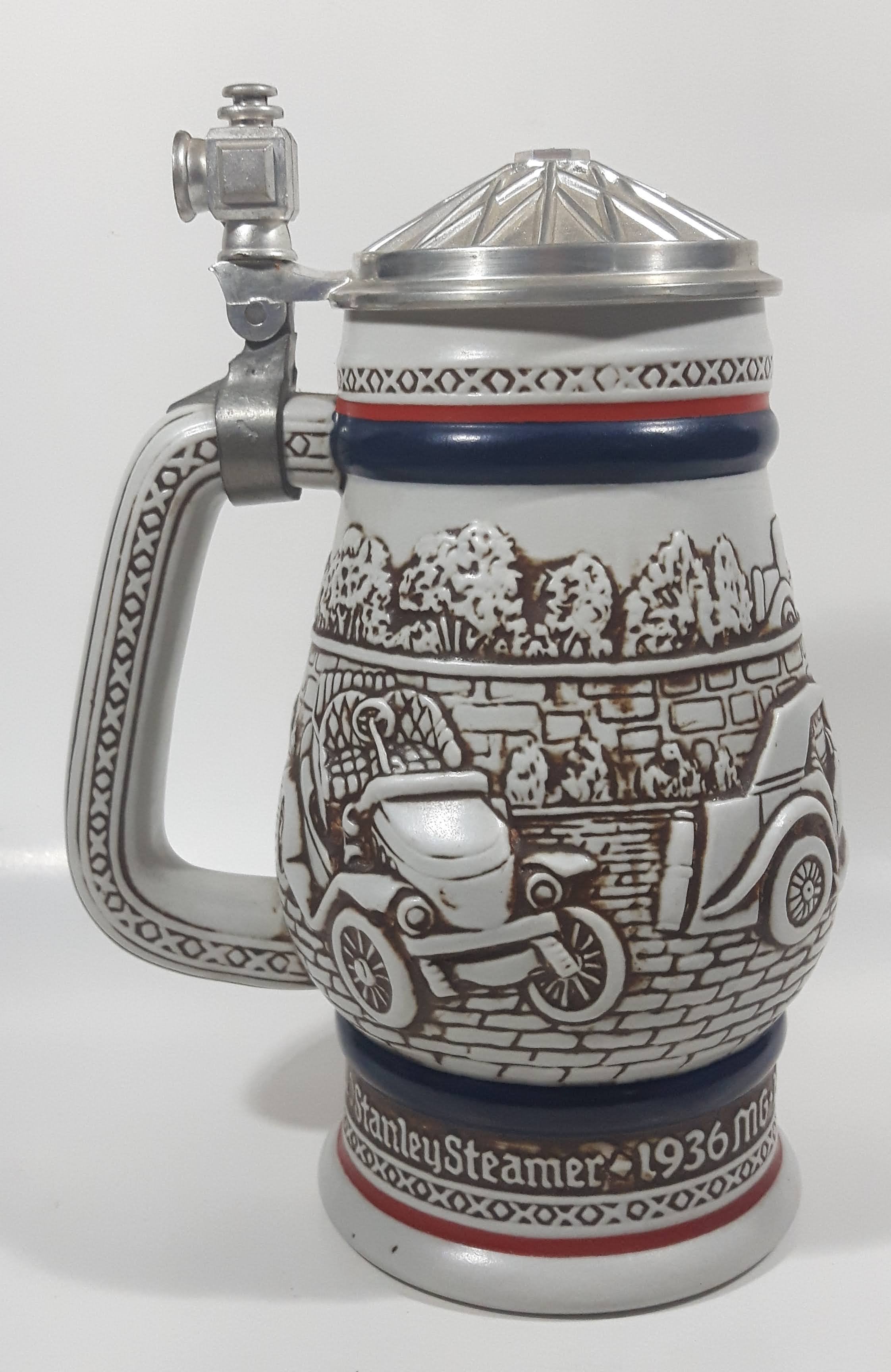 Avon Ceramarte Brazil Antique Early Car History 1911 Ford Model T, 1910 Stanley Steamer, 1936 MG, 1927 Bugatti 8 1/2" Tall Ceramic Collector's Stein 5