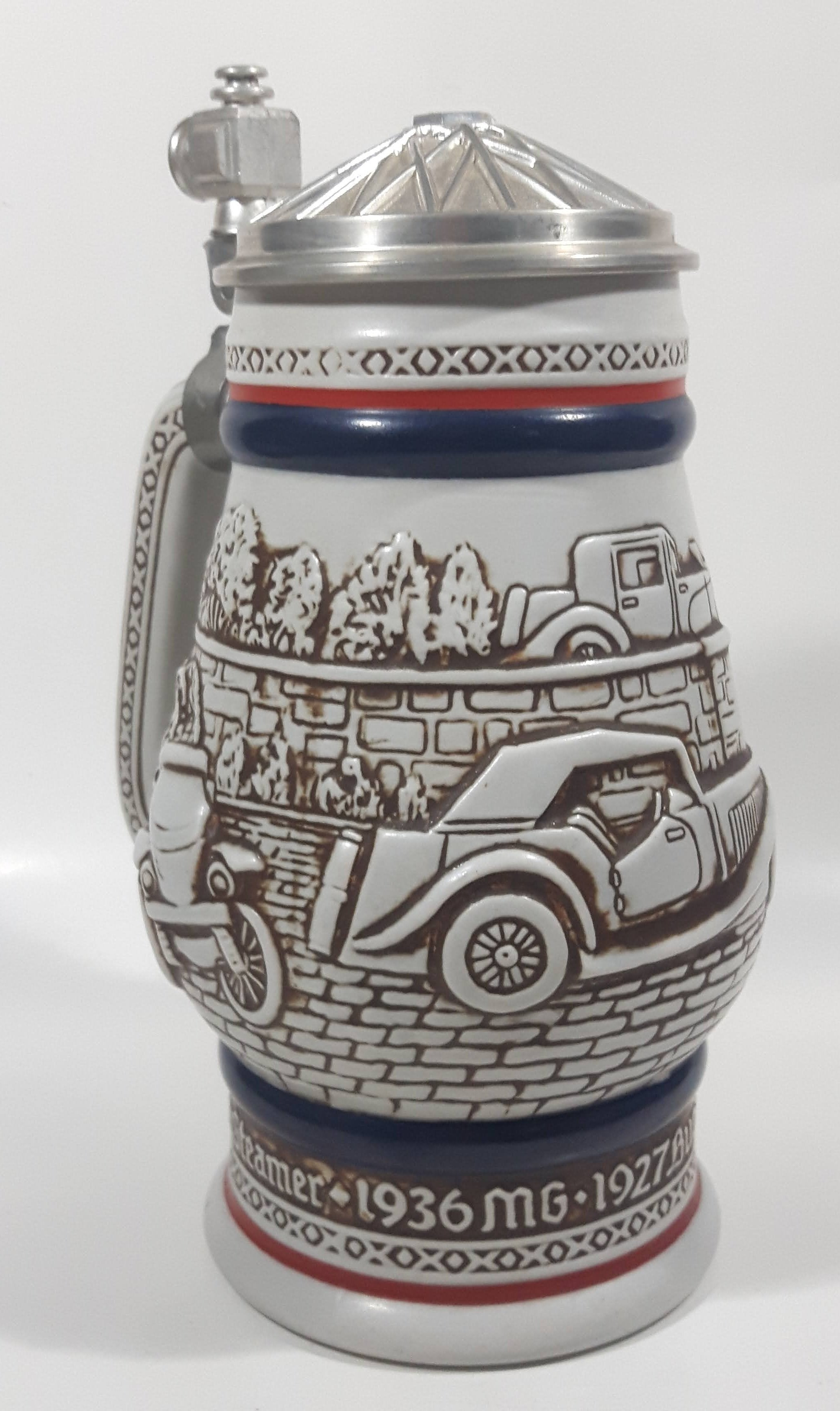 Avon Ceramarte Brazil Antique Early Car History 1911 Ford Model T, 1910 Stanley Steamer, 1936 MG, 1927 Bugatti 8 1/2" Tall Ceramic Collector's Stein 6