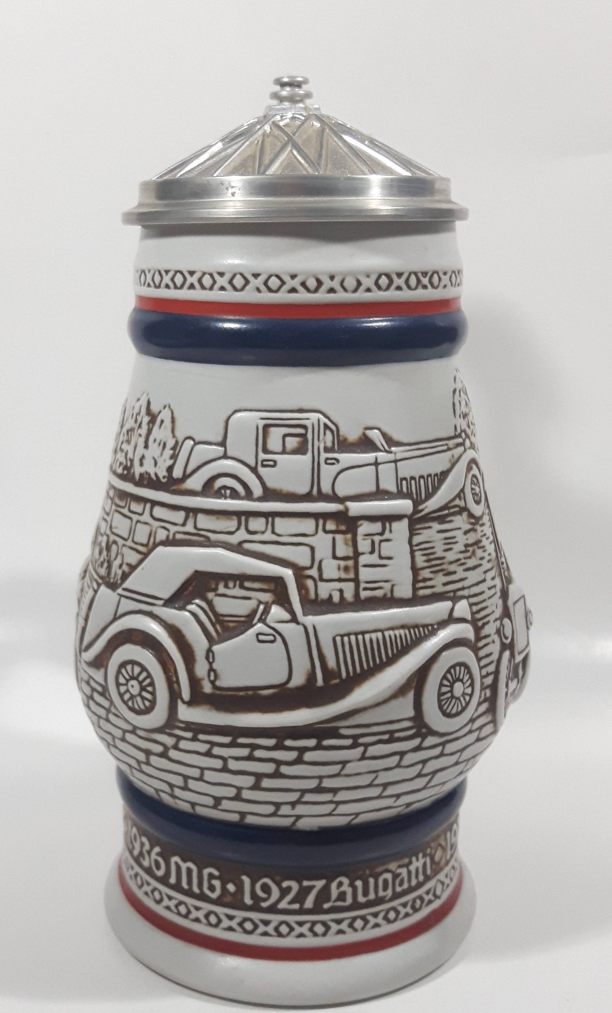 Avon Ceramarte Brazil Antique Early Car History 1911 Ford Model T, 1910 Stanley Steamer, 1936 MG, 1927 Bugatti 8 1/2" Tall Ceramic Collector's Stein 7