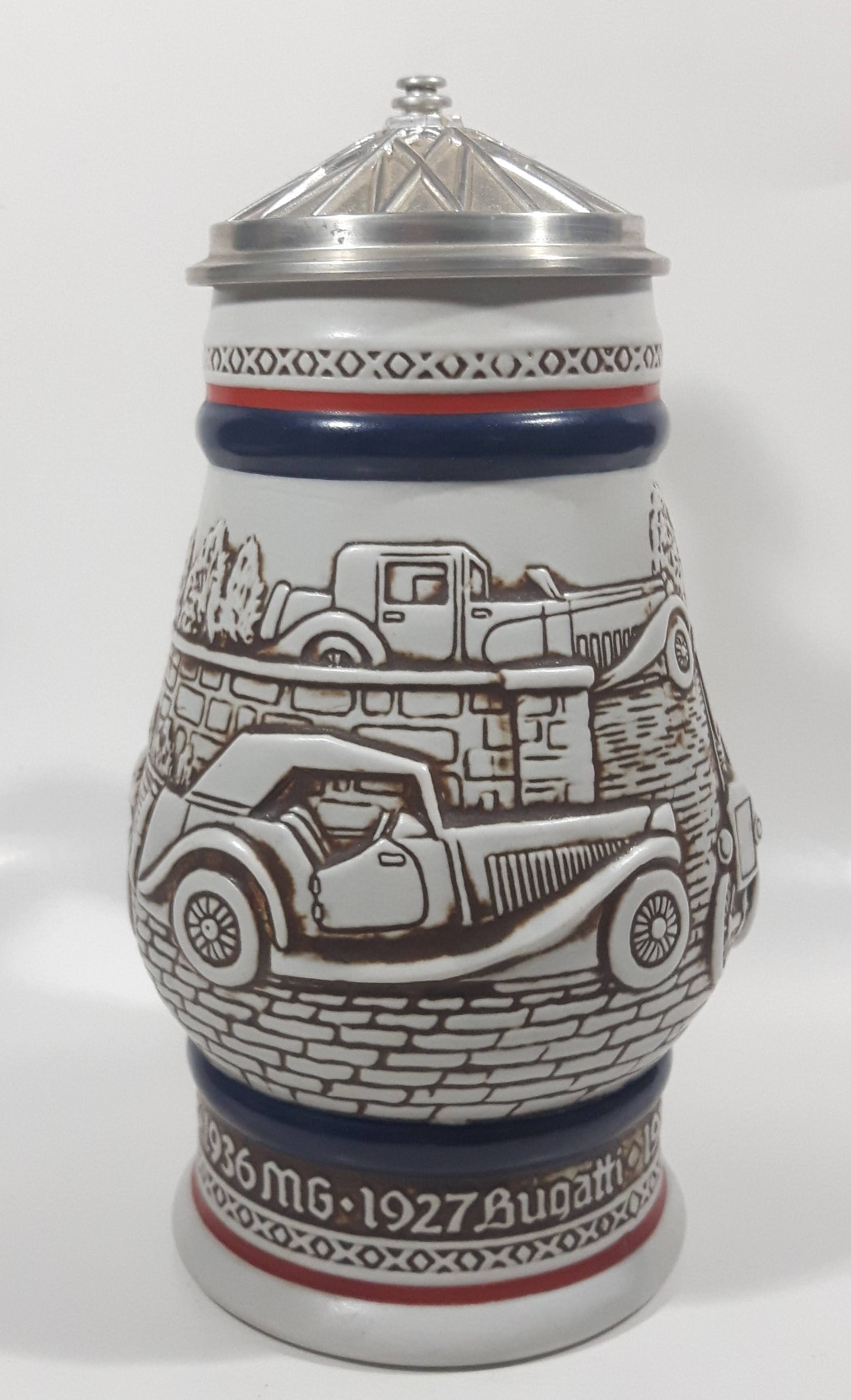 Avon Ceramarte Brazil Antique Early Car History 1911 Ford Model T, 1910 Stanley Steamer, 1936 MG, 1927 Bugatti 8 1/2" Tall Ceramic Collector's Stein 8