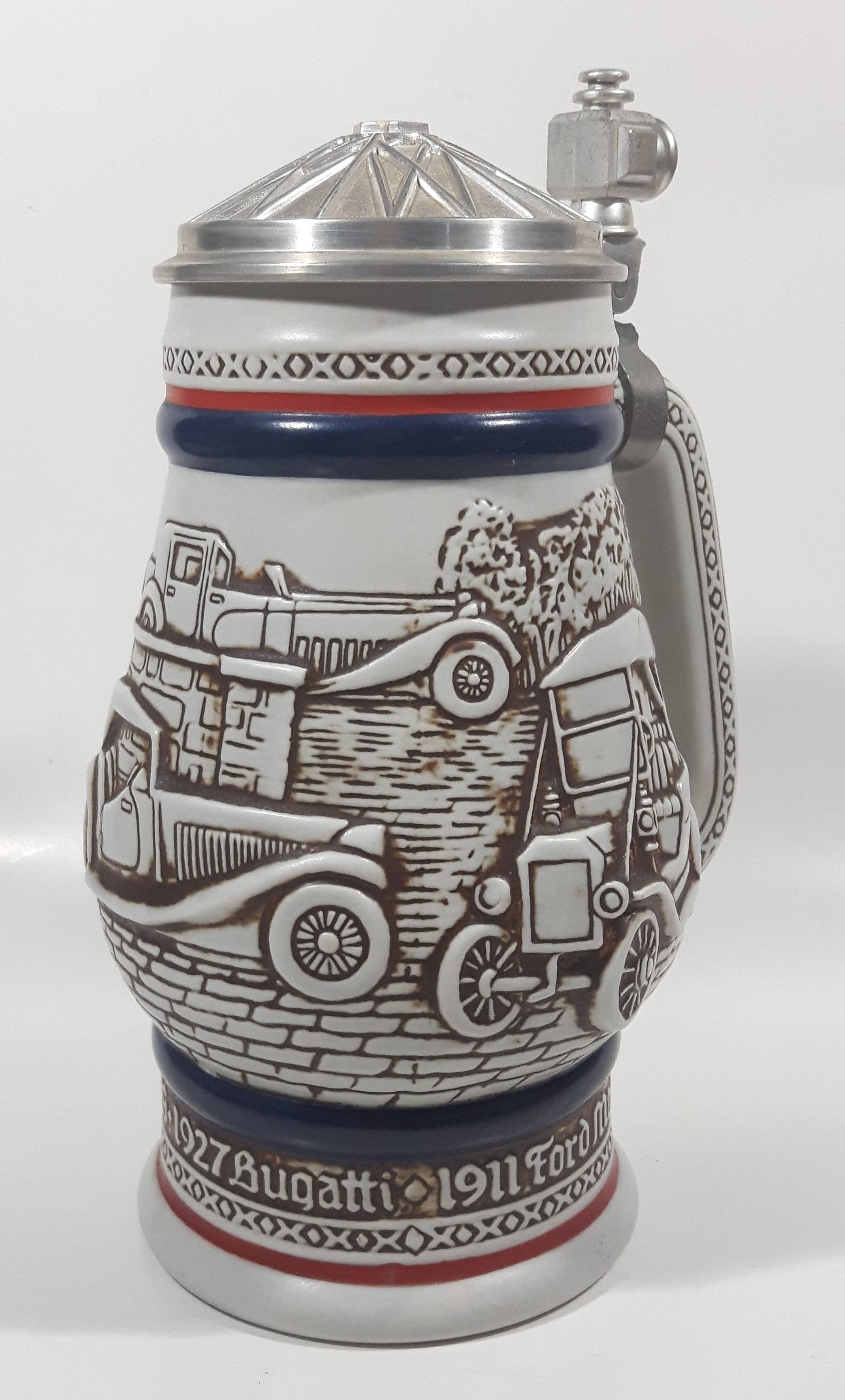 Avon Ceramarte Brazil Antique Early Car History 1911 Ford Model T, 1910 Stanley Steamer, 1936 MG, 1927 Bugatti 8 1/2" Tall Ceramic Collector's Stein 9