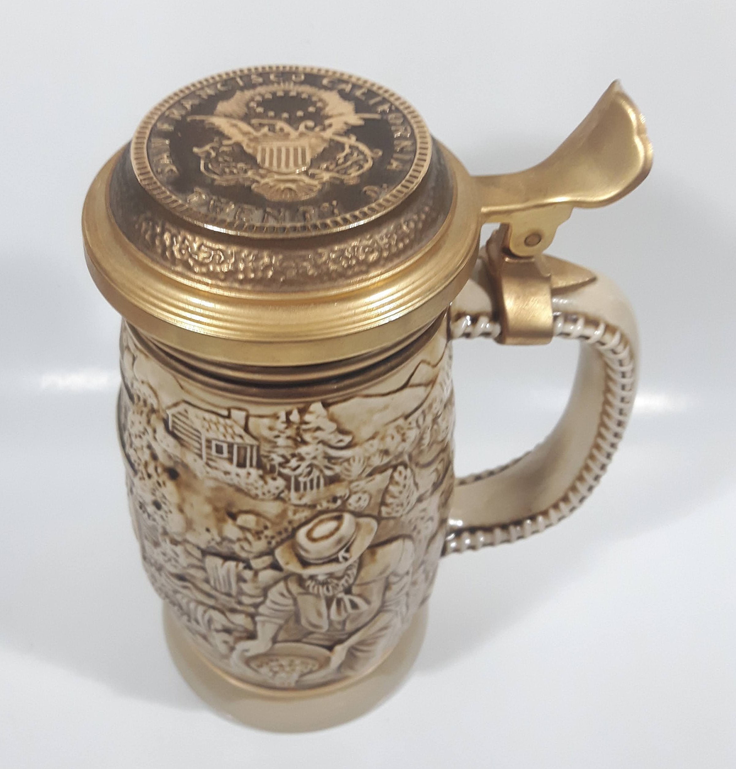 1987 Avon Ceramarte Brazil The Gold Rush San Francisco California 8 1/4" Tall Ceramic Collector's Stein 2