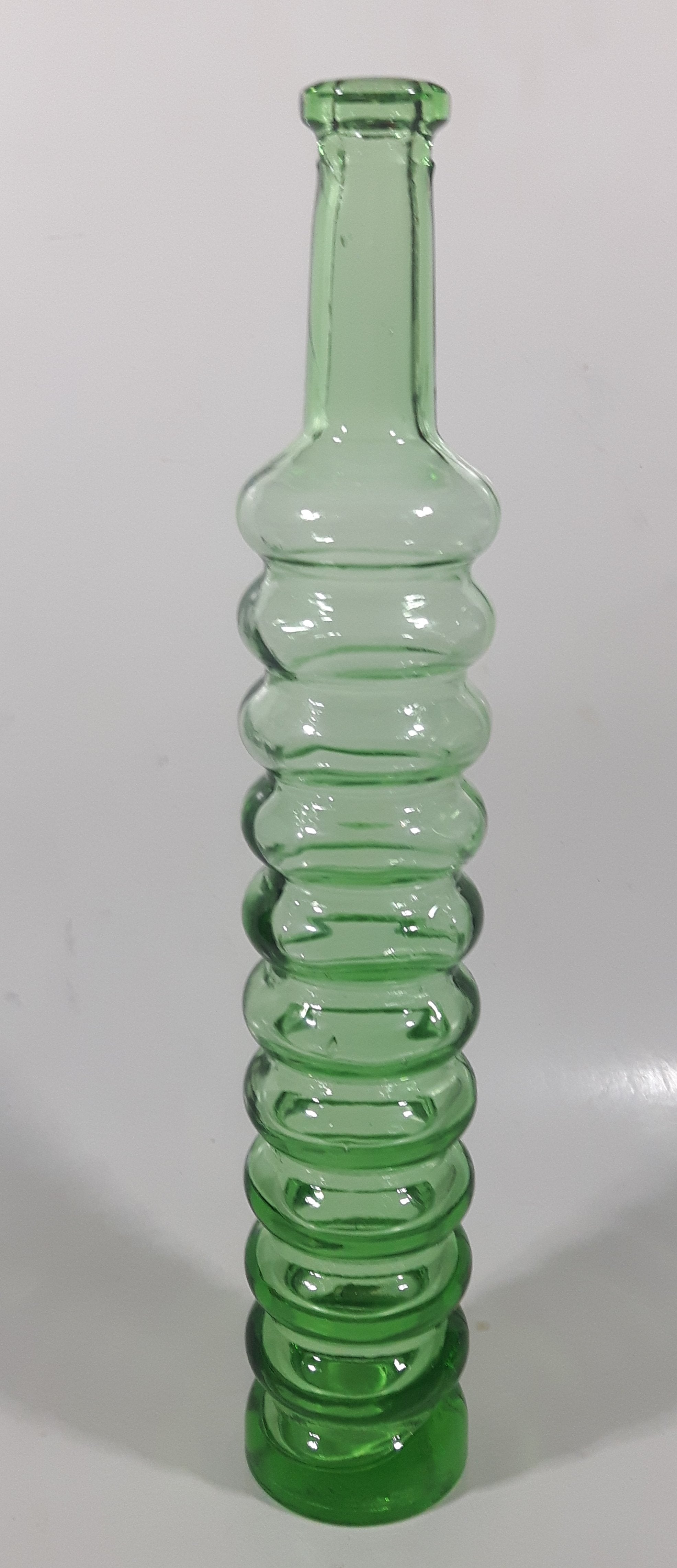 Vintage Lime Green Bubble Ringed 11" Tall Glass Beverage Bottle
