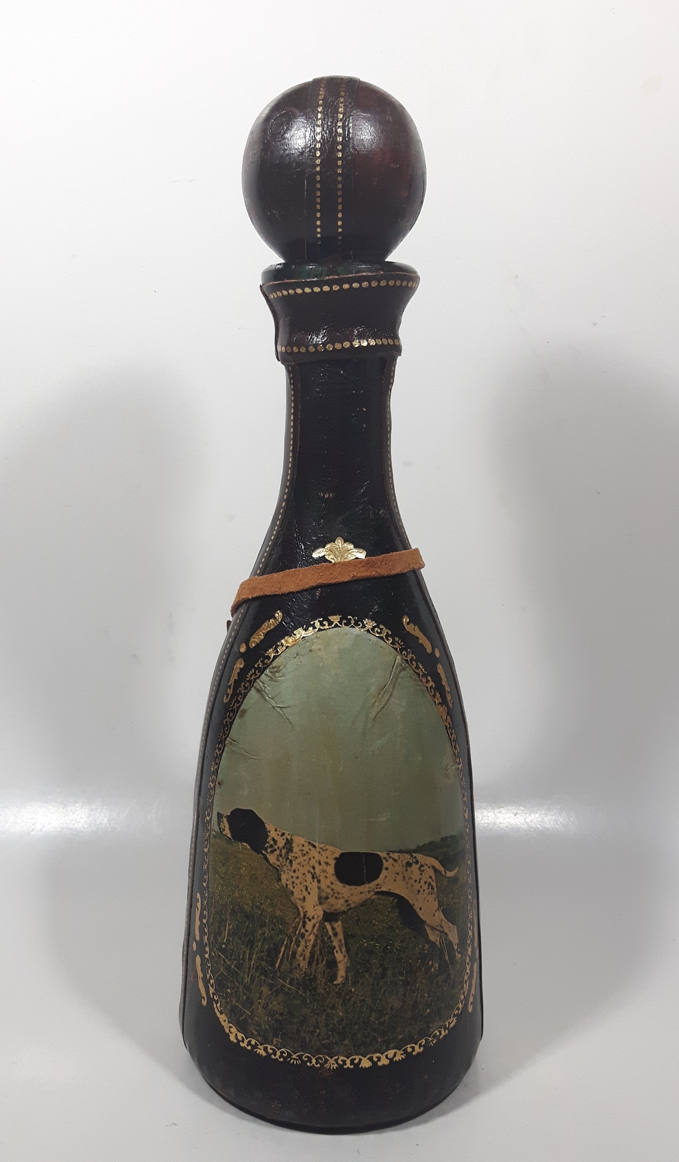 Vintage Eaton Real Leather Hand Made in Italy Hunting Dog Scenes 12 1/4" Tall Leather Wrapped Glass Bottle 6