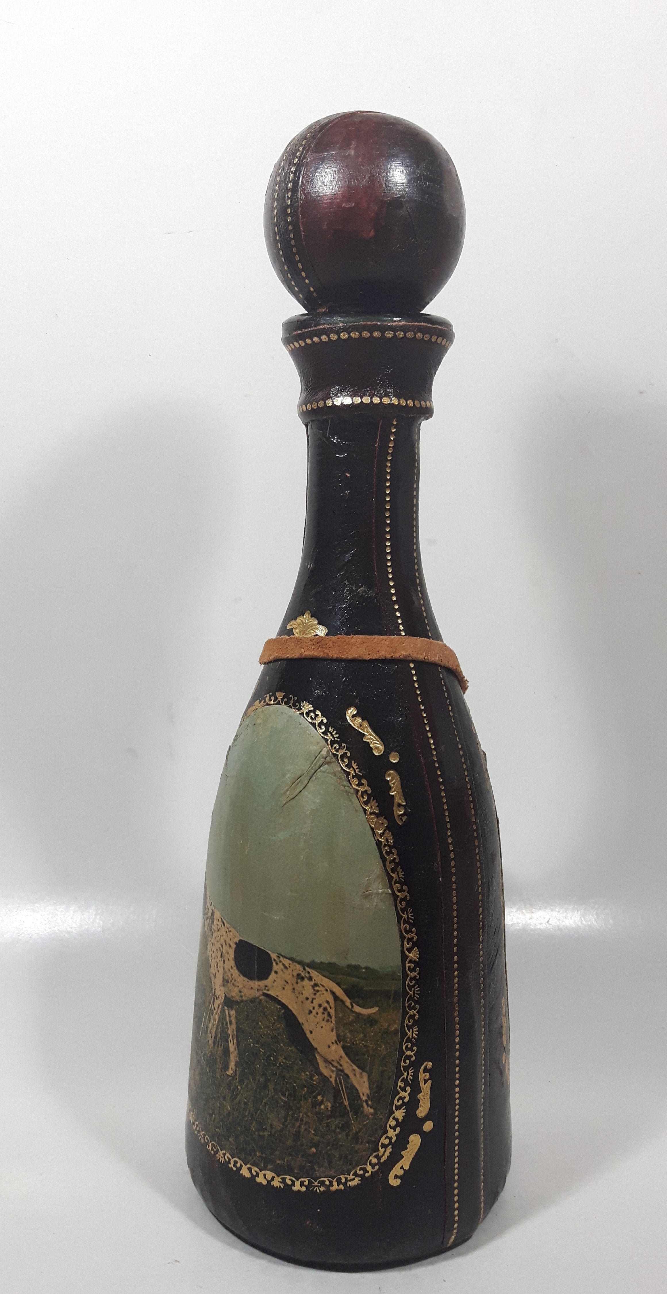 Vintage Eaton Real Leather Hand Made in Italy Hunting Dog Scenes 12 1/4" Tall Leather Wrapped Glass Bottle 7