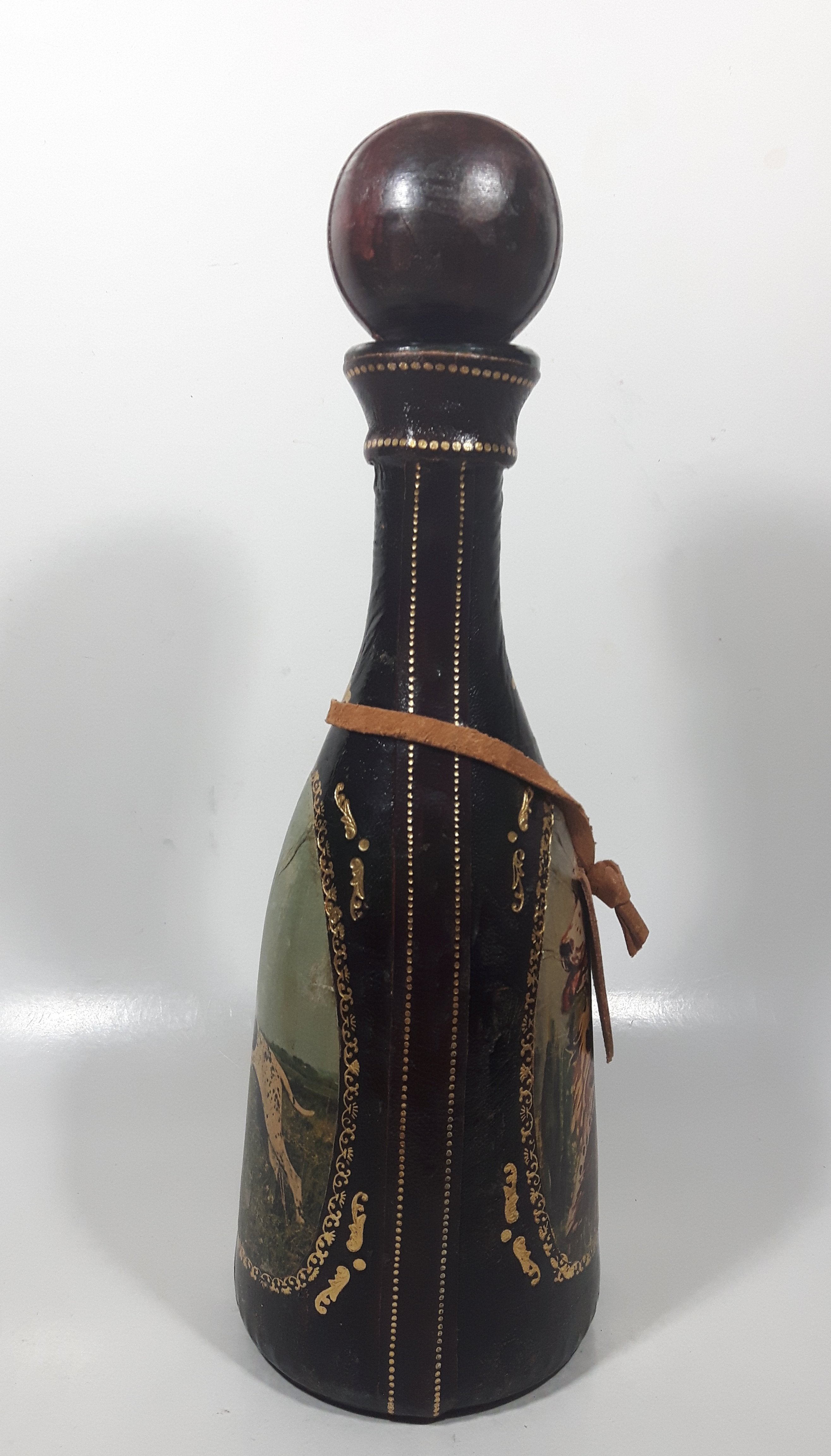 Vintage Eaton Real Leather Hand Made in Italy Hunting Dog Scenes 12 1/4" Tall Leather Wrapped Glass Bottle 8