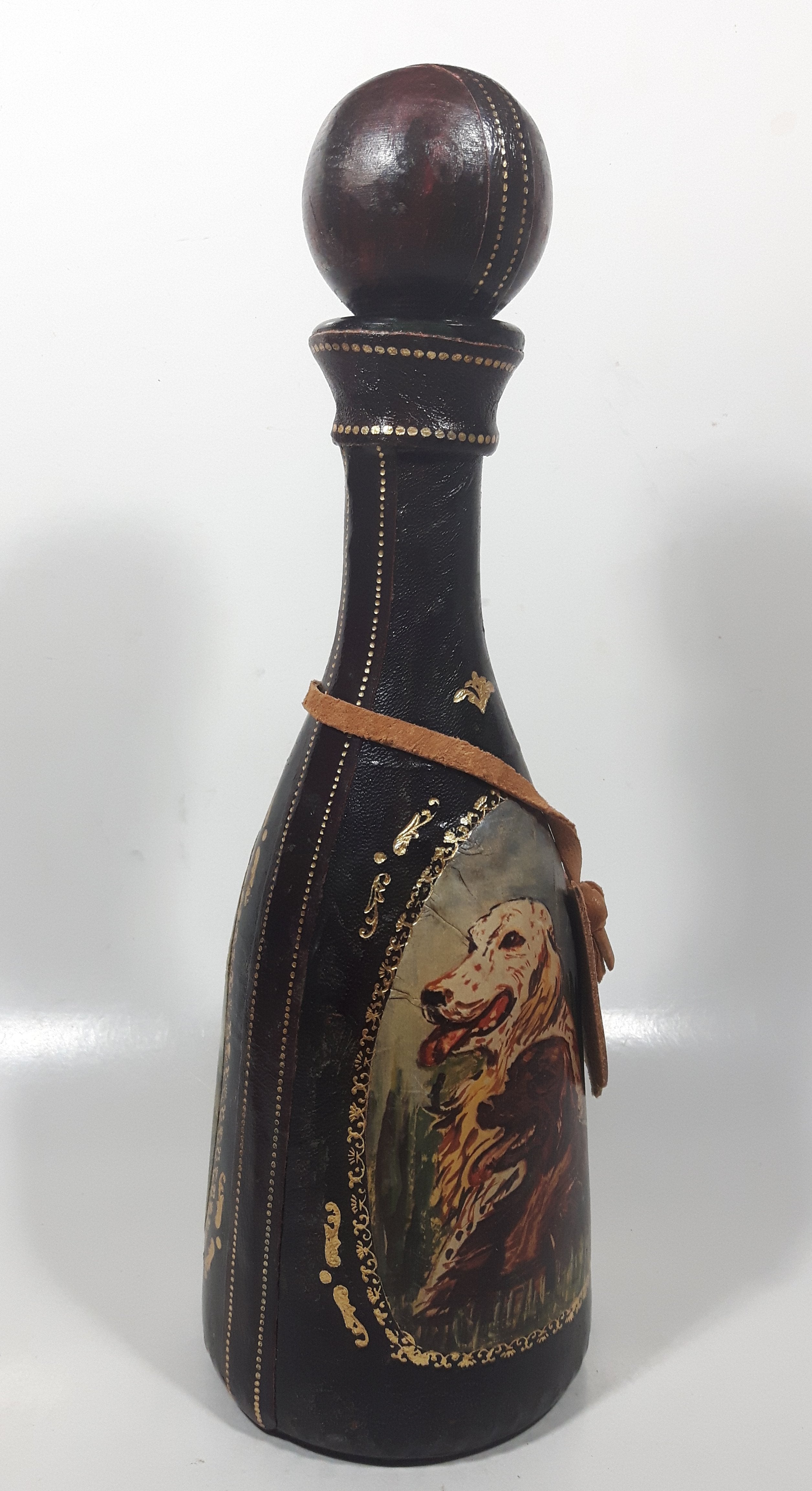 Vintage Eaton Real Leather Hand Made in Italy Hunting Dog Scenes 12 1/4" Tall Leather Wrapped Glass Bottle 9