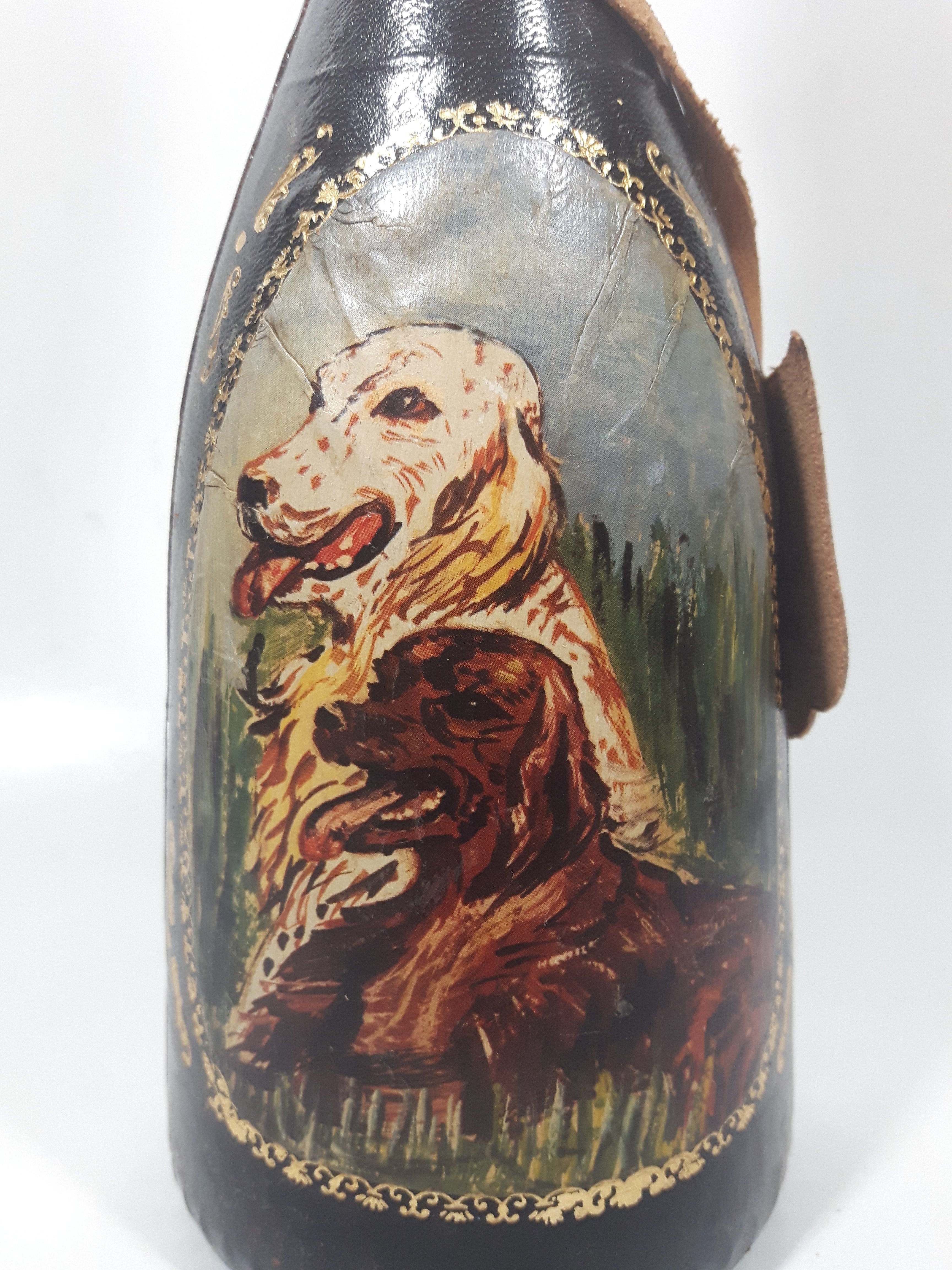 Vintage Eaton Real Leather Hand Made in Italy Hunting Dog Scenes 12 1/4" Tall Leather Wrapped Glass Bottle 10