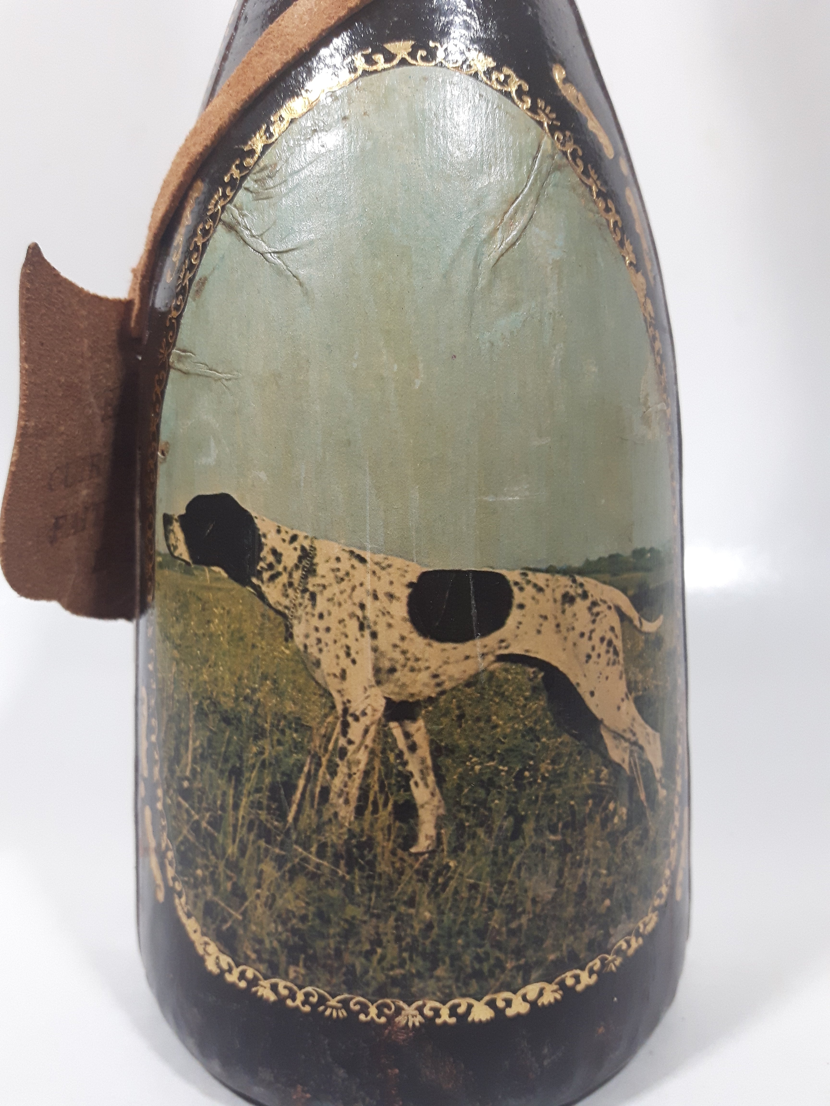 Vintage Eaton Real Leather Hand Made in Italy Hunting Dog Scenes 12 1/4" Tall Leather Wrapped Glass Bottle 11