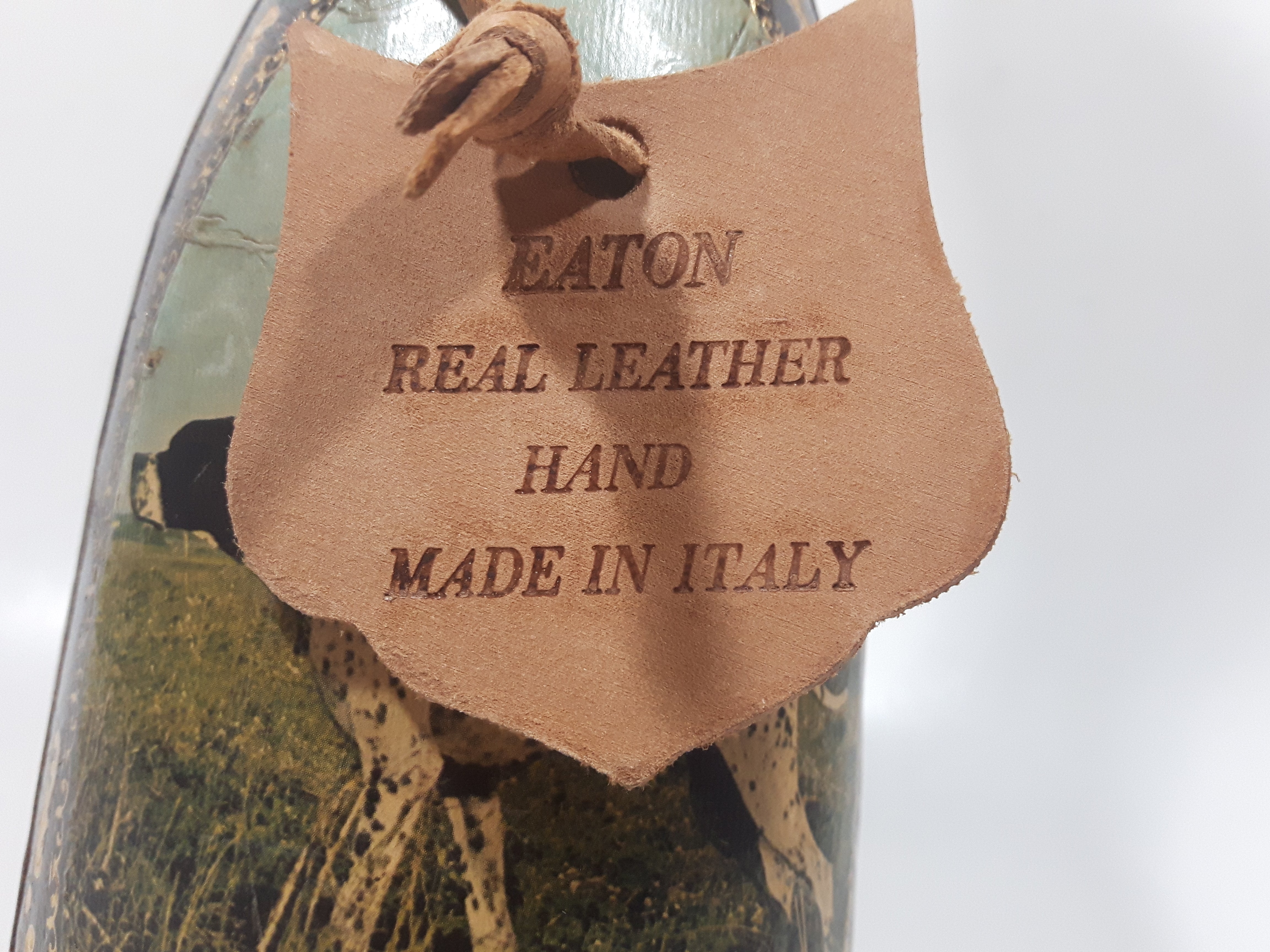 Vintage Eaton Real Leather Hand Made in Italy Hunting Dog Scenes 12 1/4" Tall Leather Wrapped Glass Bottle 12