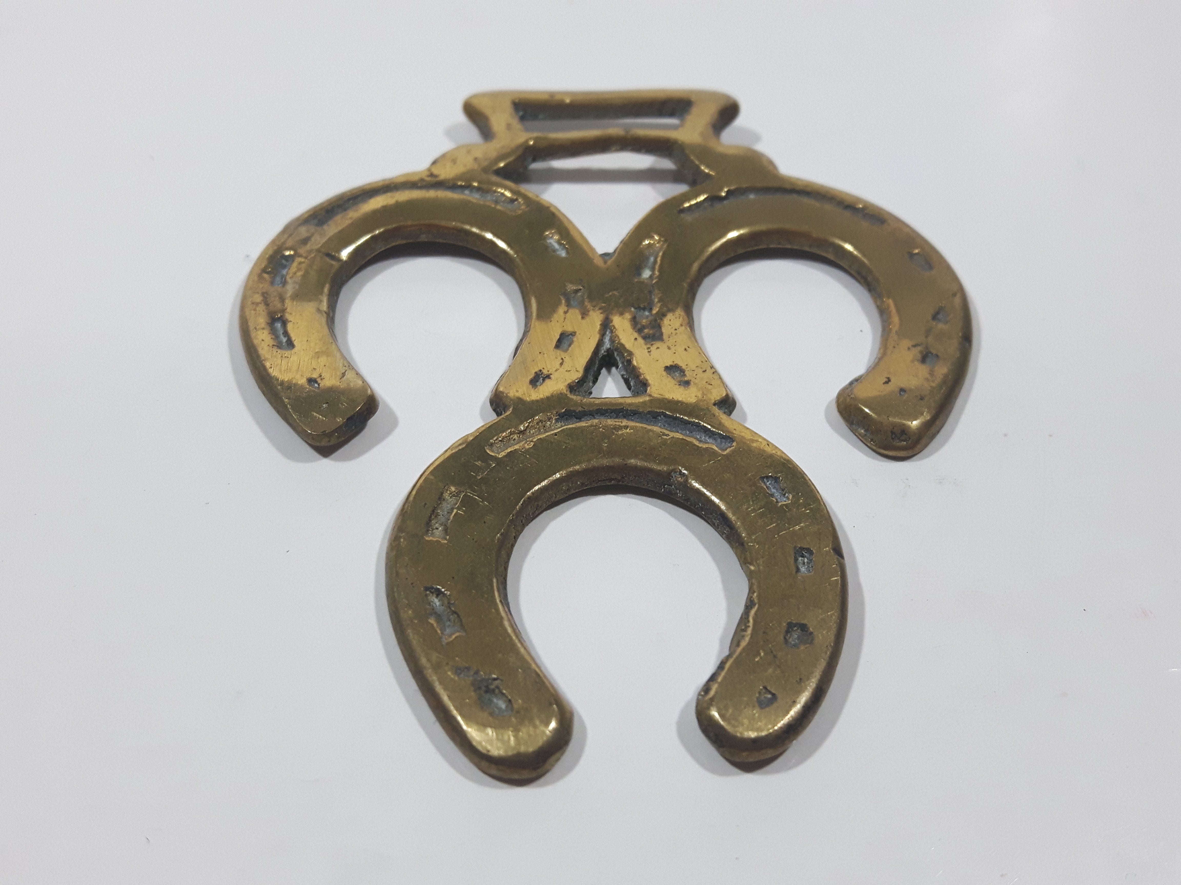 Antique Triple Horseshoe Themed Horse Brass 3" x 3 3/4" 2