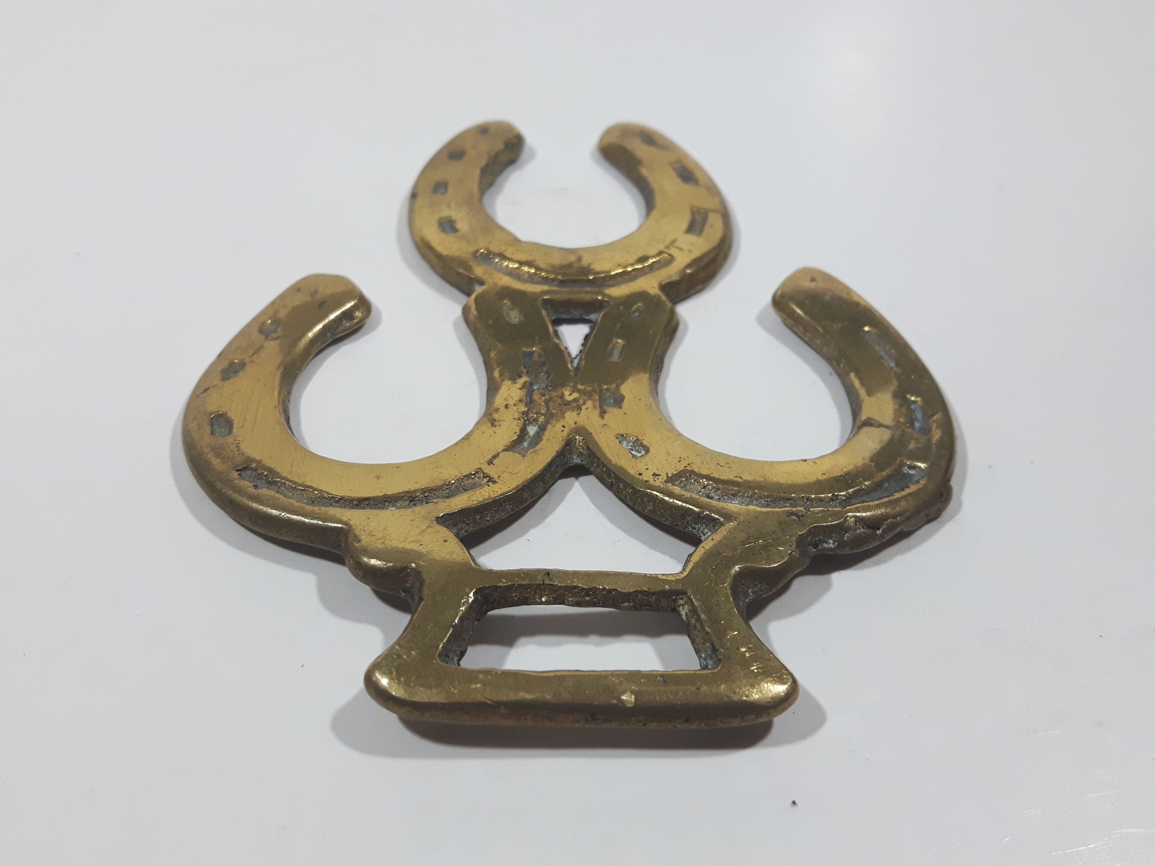 Antique Triple Horseshoe Themed Horse Brass 3" x 3 3/4" 4