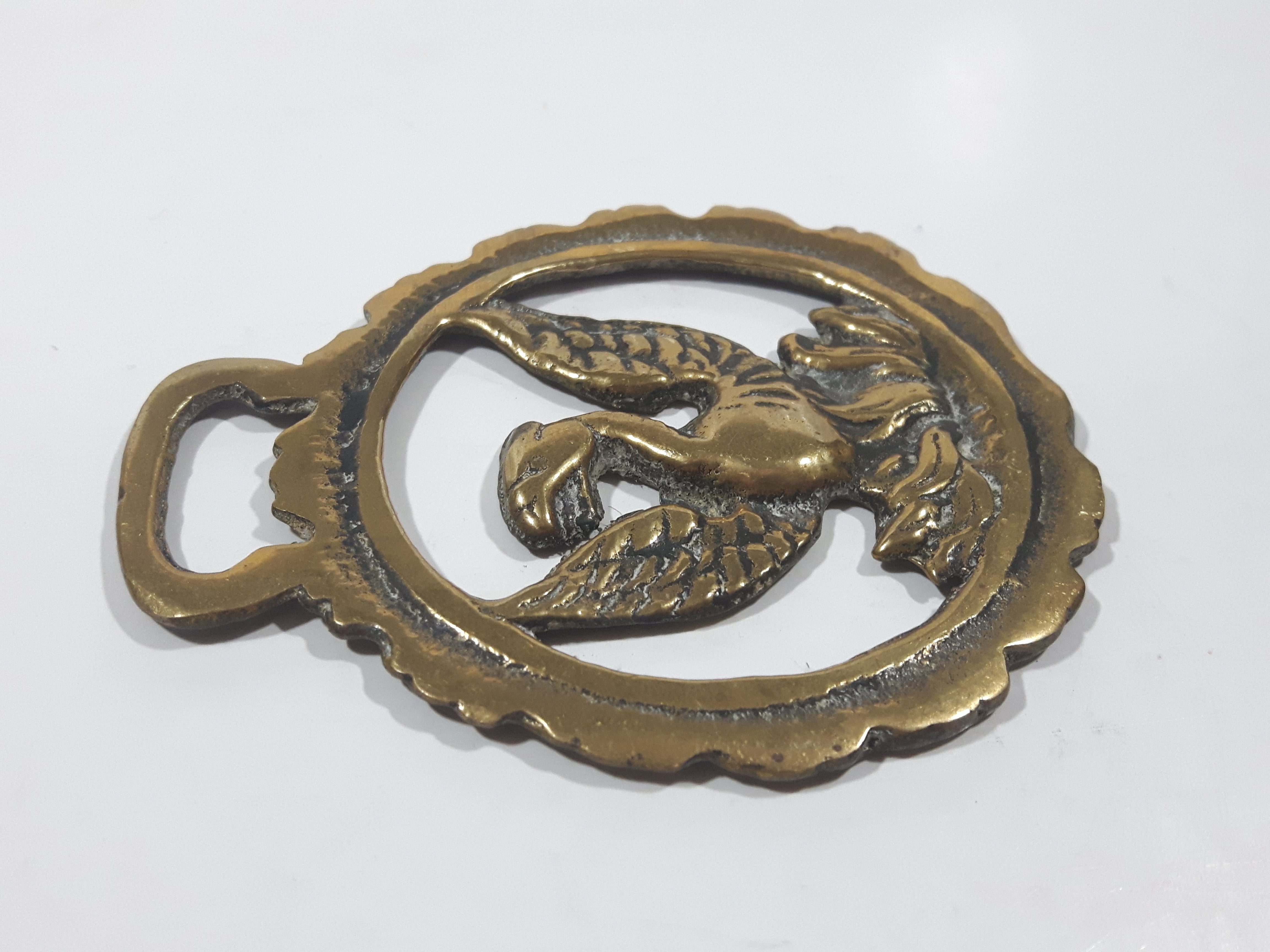Antique Phoenix Bird Themed Horse Brass 2 7/8" x 3 3/8" 5