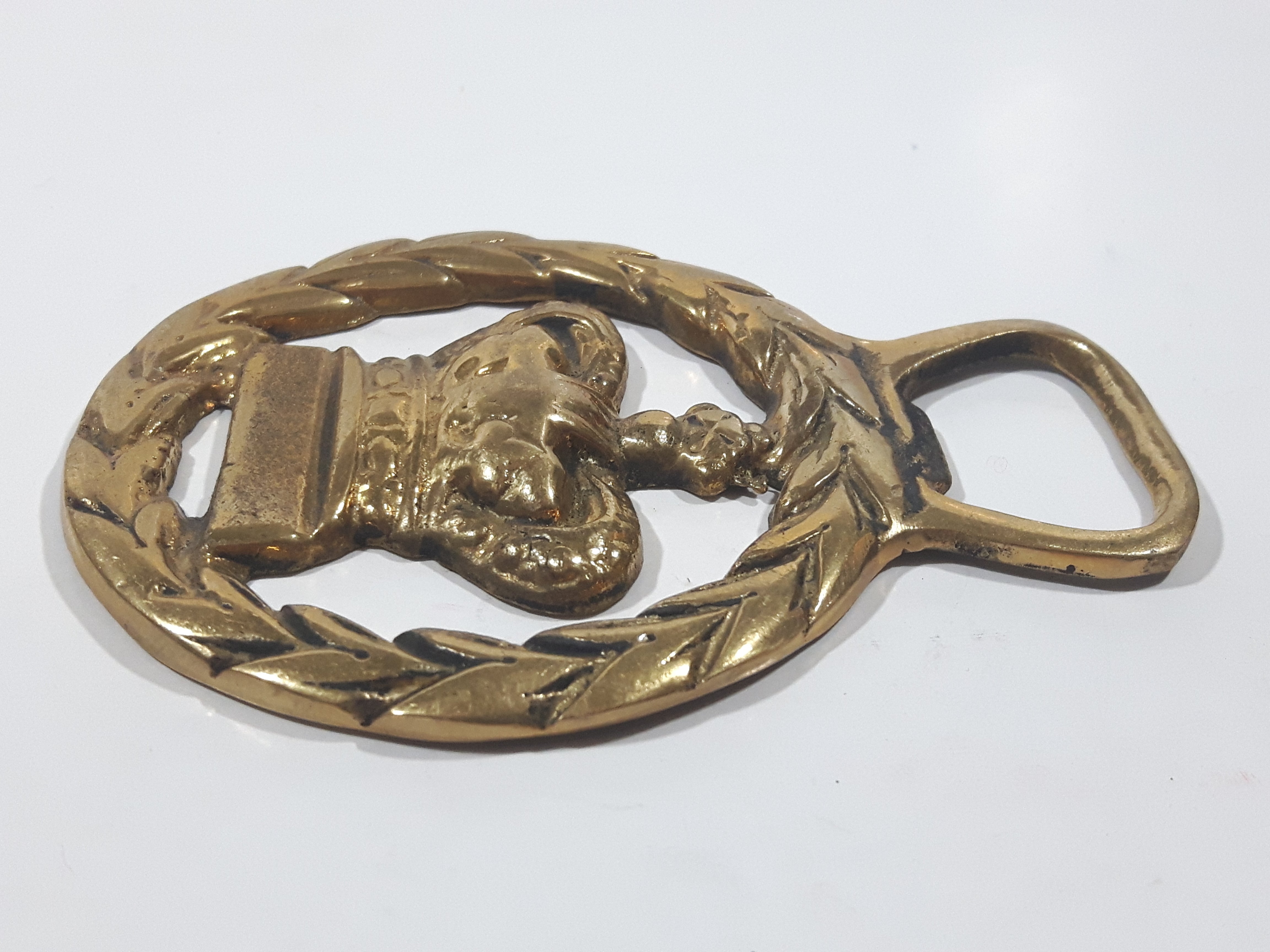 Antique Royal Regal Crown Laurel Wreath Themed Horse Brass 2 5/8" x 3 5/8" 3