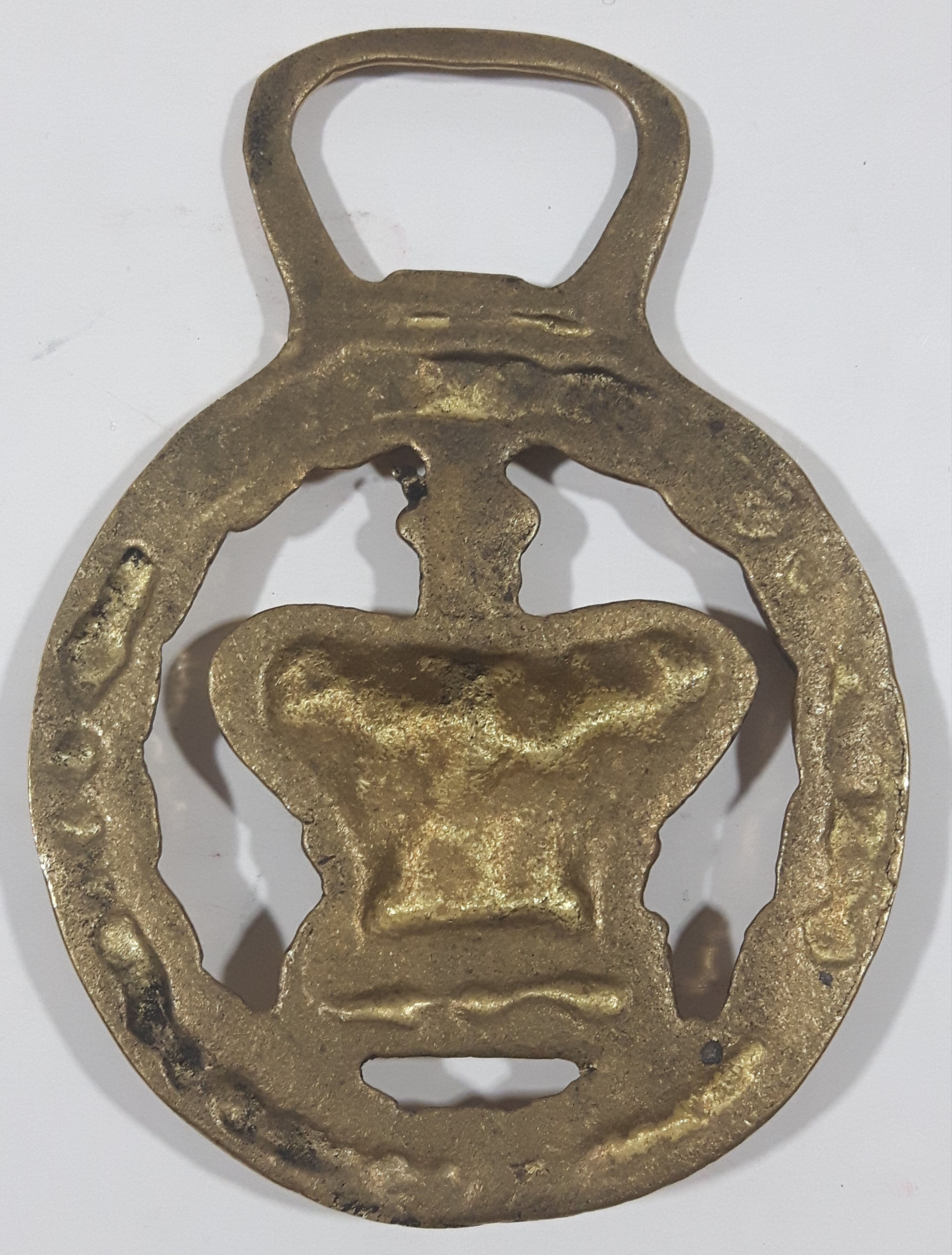 Antique Royal Regal Crown Laurel Wreath Themed Horse Brass 2 5/8" x 3 5/8" 6