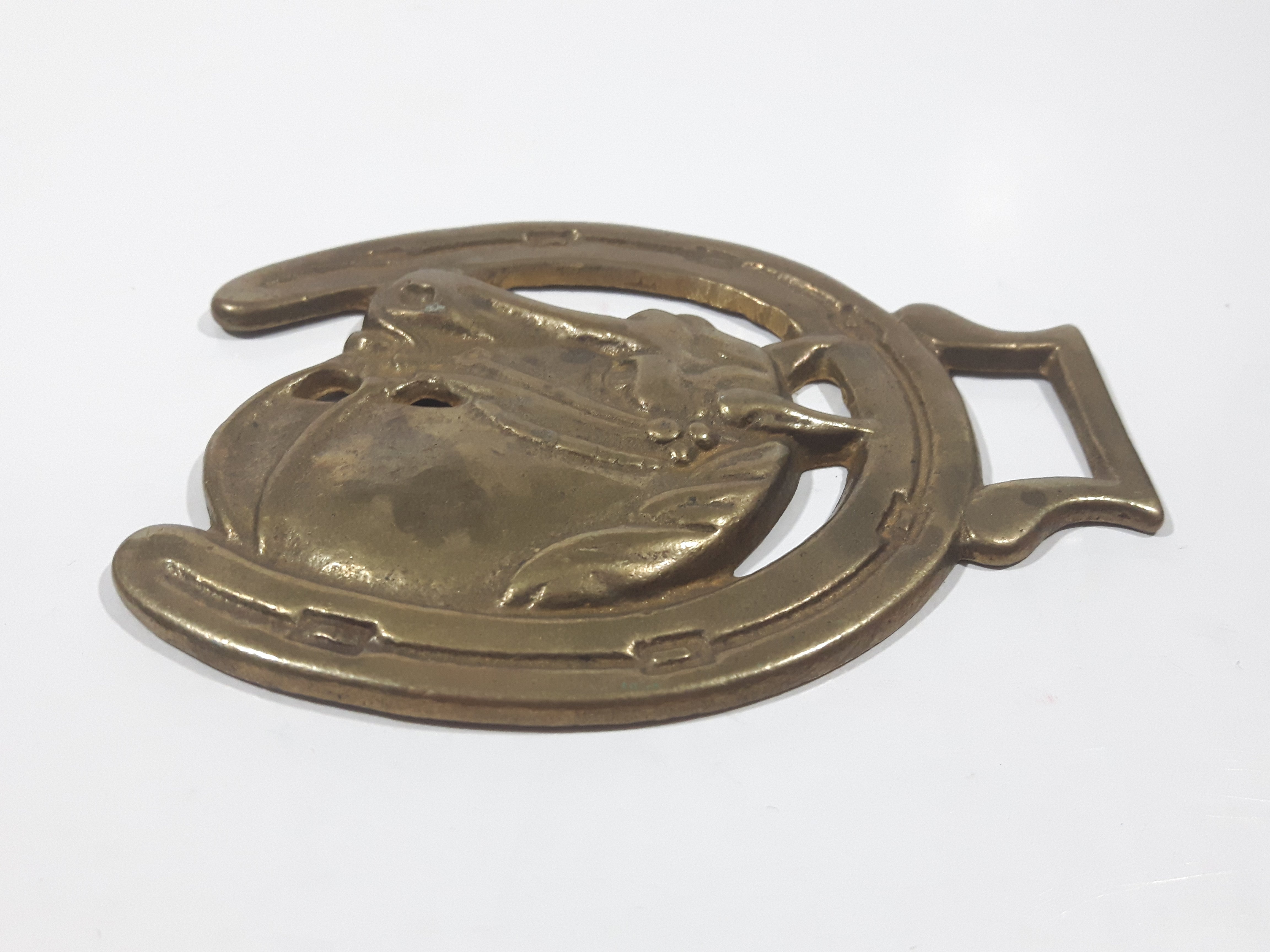 Antique Horse Head in Horseshoe Horse Brass 3 3/8" x 4 1/4" 3
