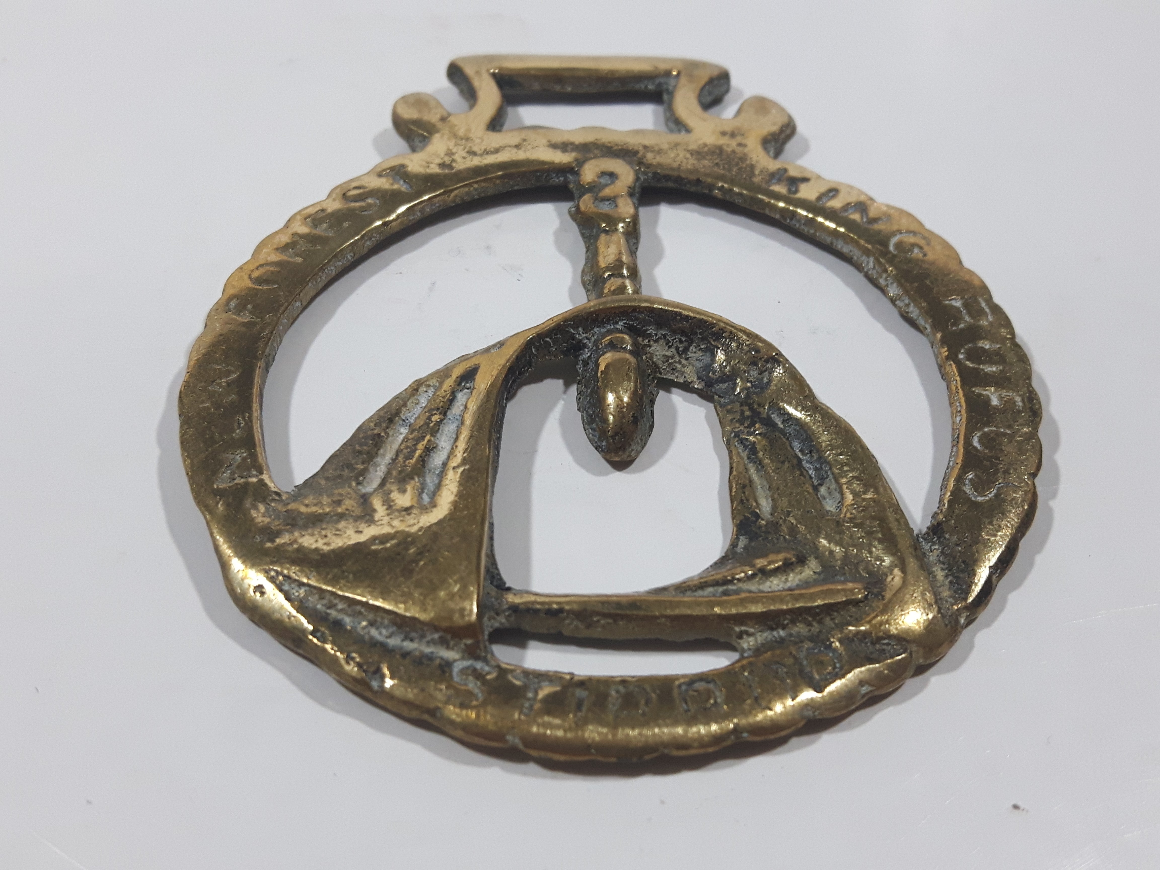 Antique New Forest King Rufus Stirrup Horse Brass 3" x 3 5/8" 2