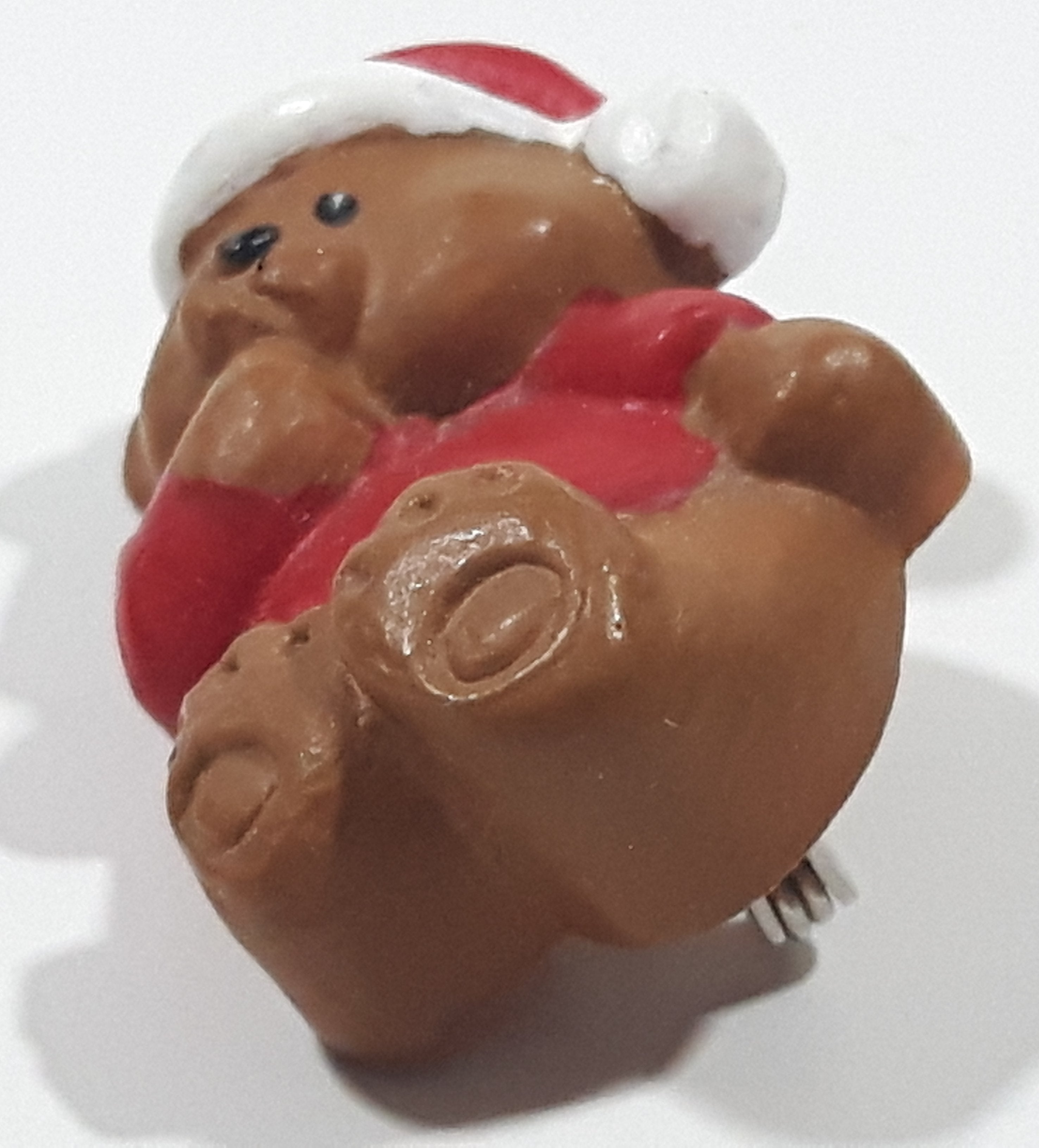Brown Teddy Bear Wearing Santa Claus Hat 3/4" x 1 1/4" Resin Christmas Brooch Pin 2