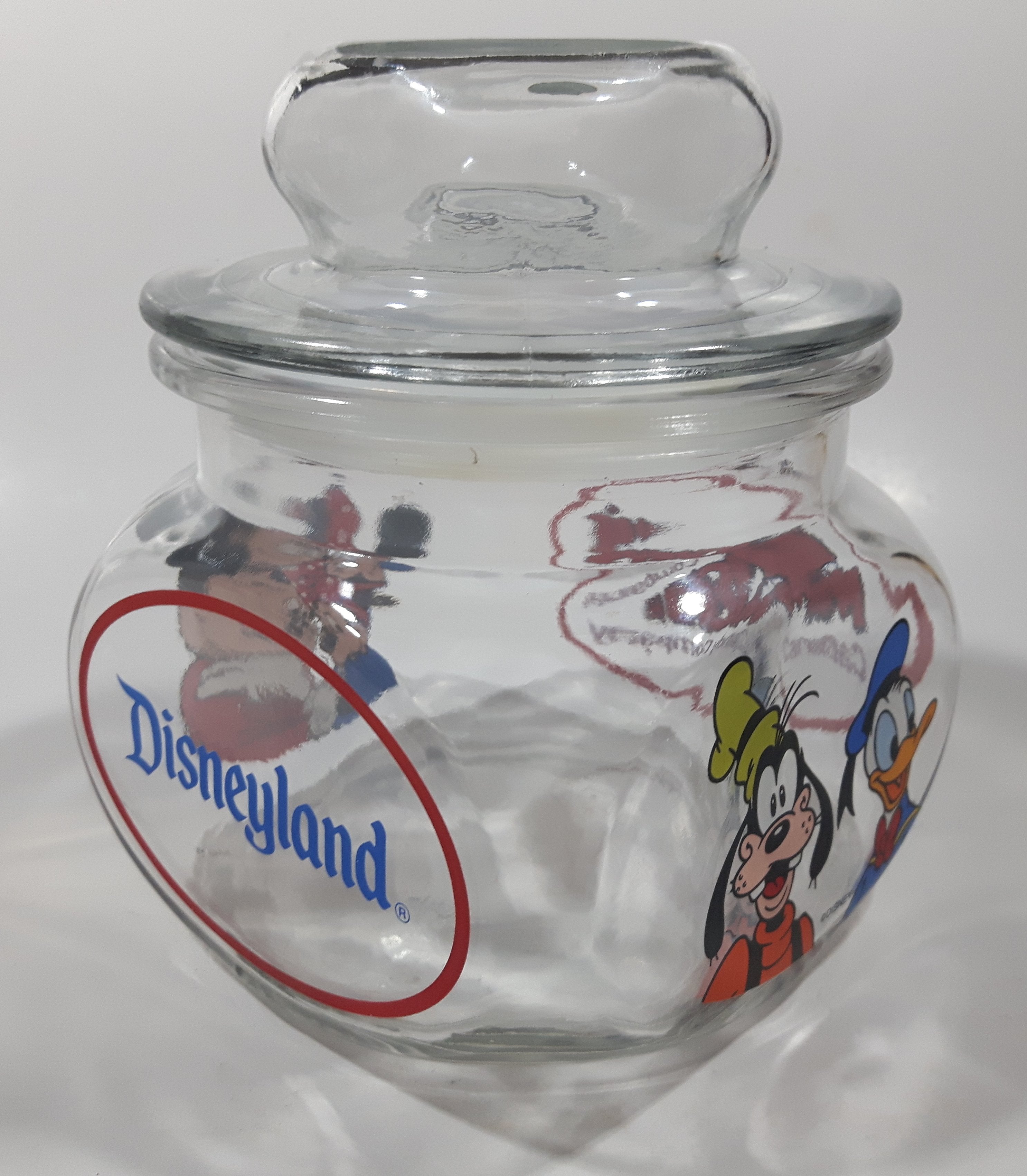 Disneyland Mickey's Candy Company 5 1/2" Tall Anchor Hocking Glass Candy Jar Made in U.S.A. 7