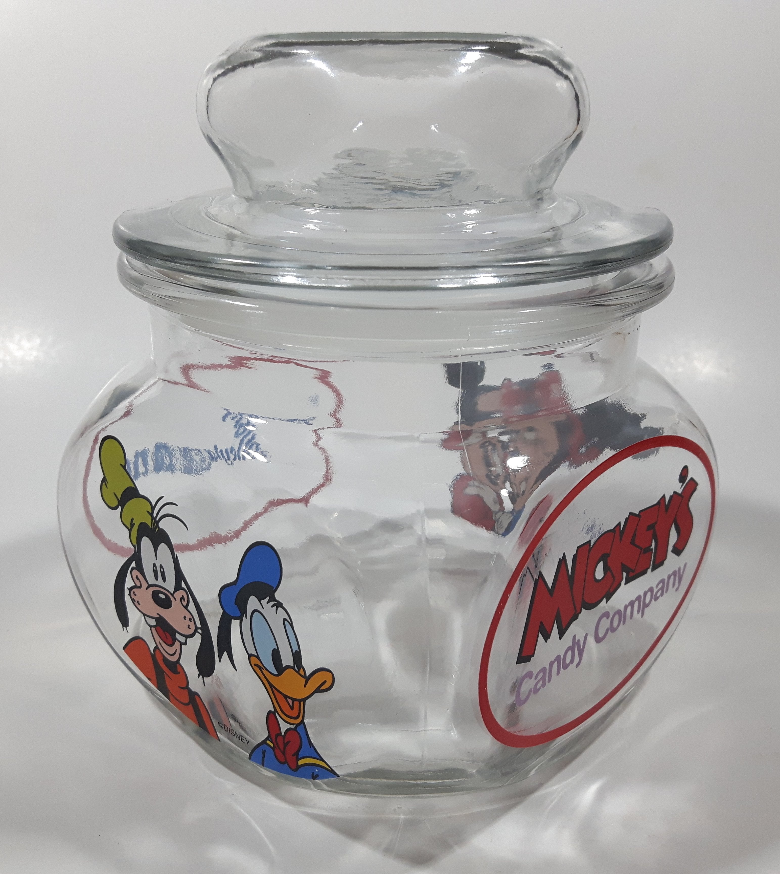 Disneyland Mickey's Candy Company 5 1/2" Tall Anchor Hocking Glass Candy Jar Made in U.S.A. 9