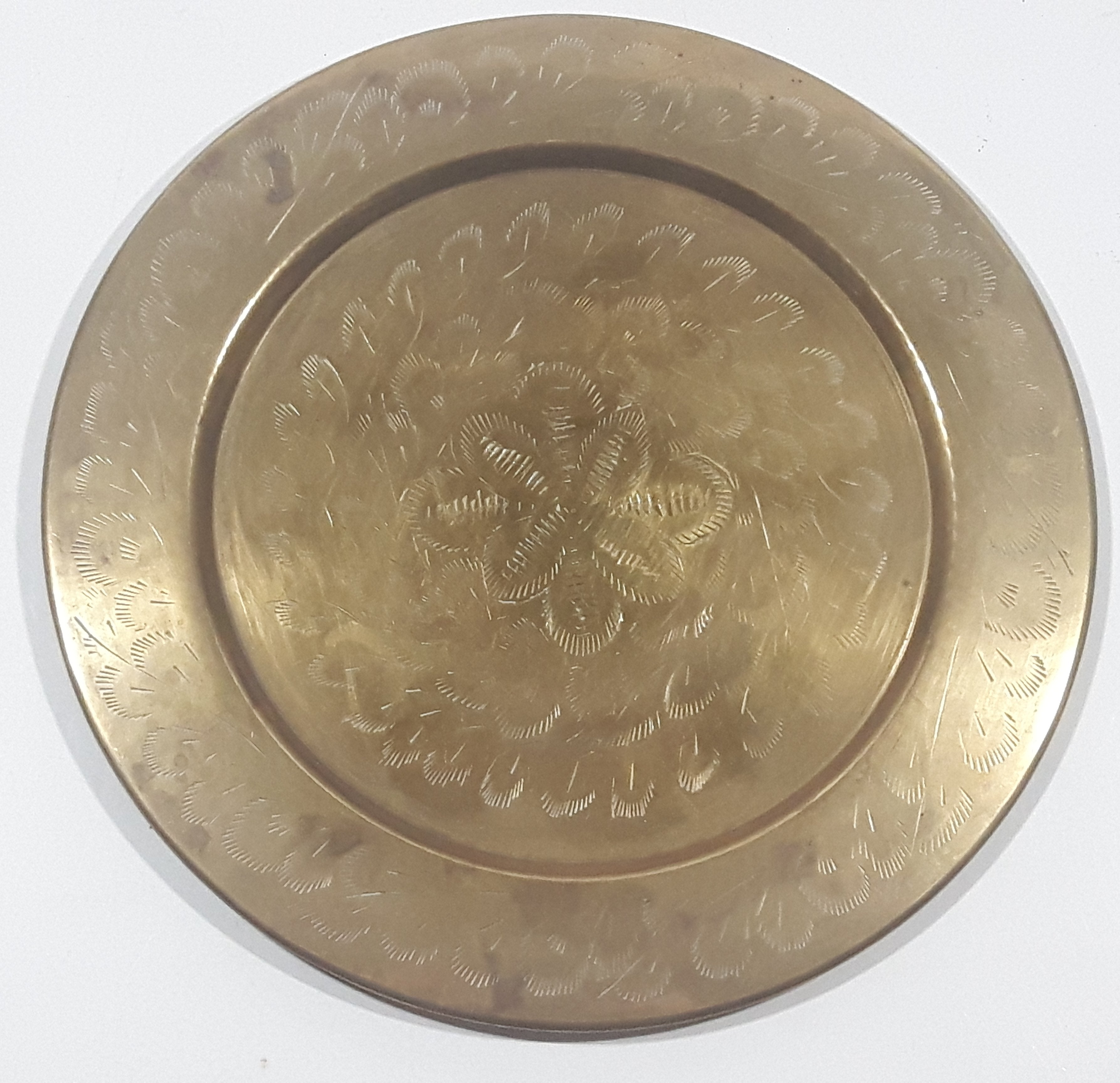 Vintage Engraved Brass Set of 4 Wine Cups and 9" Engraved Brass Serving Tray 13